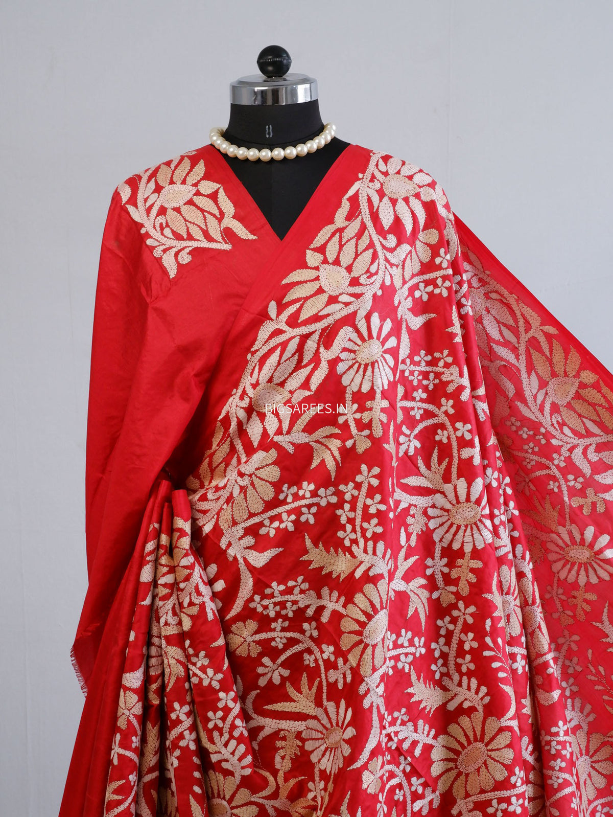 Kantha - Stitch Hand Embroidered Saree | Pure Bangalore Silk | Silk Mark Certified | Red