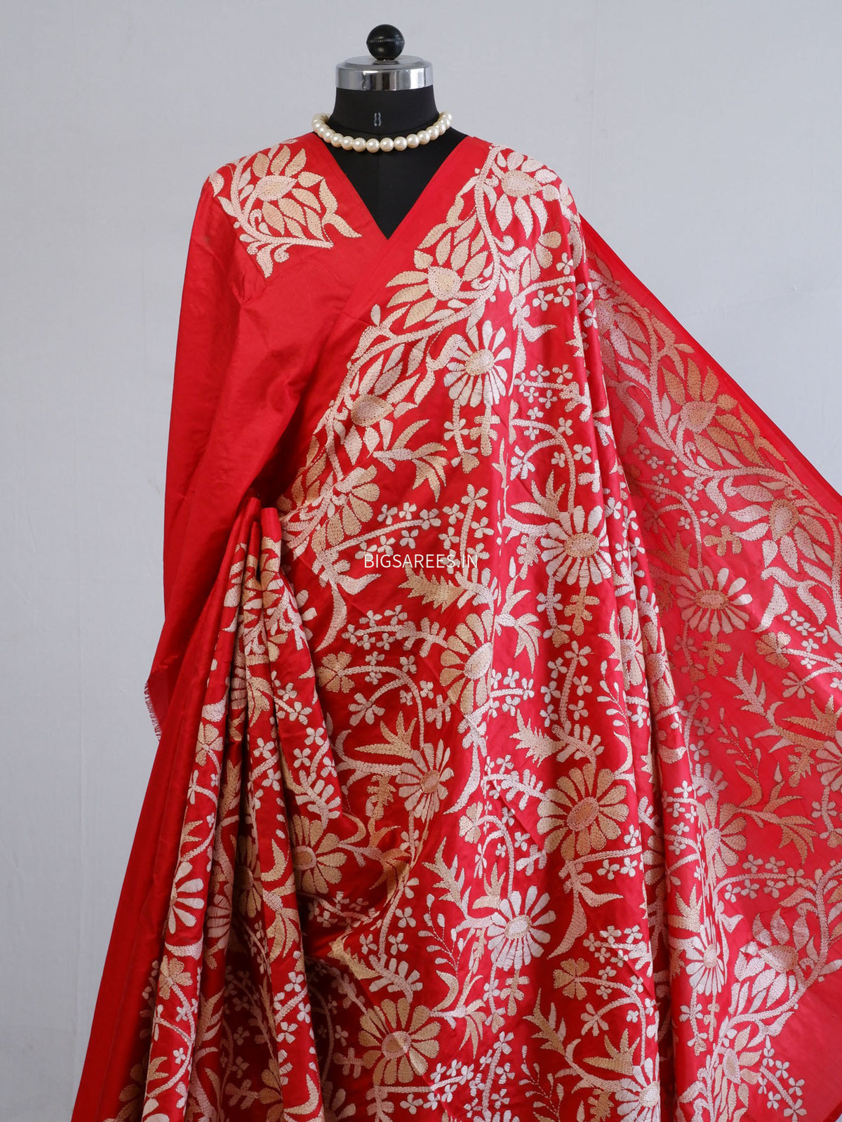 Kantha - Stitch Hand Embroidered Saree | Pure Bangalore Silk | Silk Mark Certified | Red