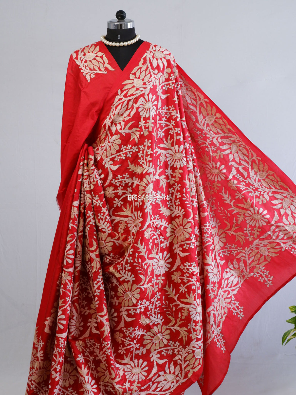 Kantha - Stitch Hand Embroidered Saree | Pure Bangalore Silk | Silk Mark Certified | Red