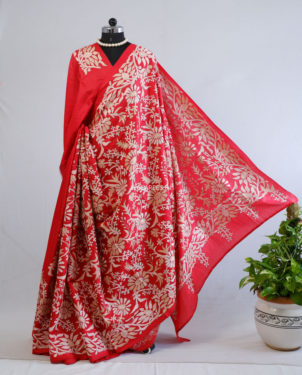 Kantha - Stitch Hand Embroidered Saree | Pure Bangalore Silk | Silk Mark Certified | Red