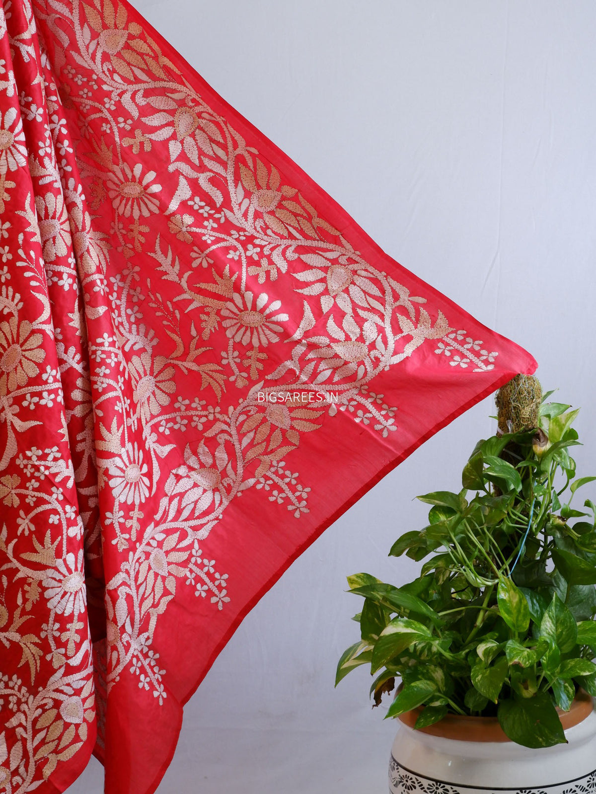 Kantha - Stitch Hand Embroidered Saree | Pure Bangalore Silk | Silk Mark Certified | Red
