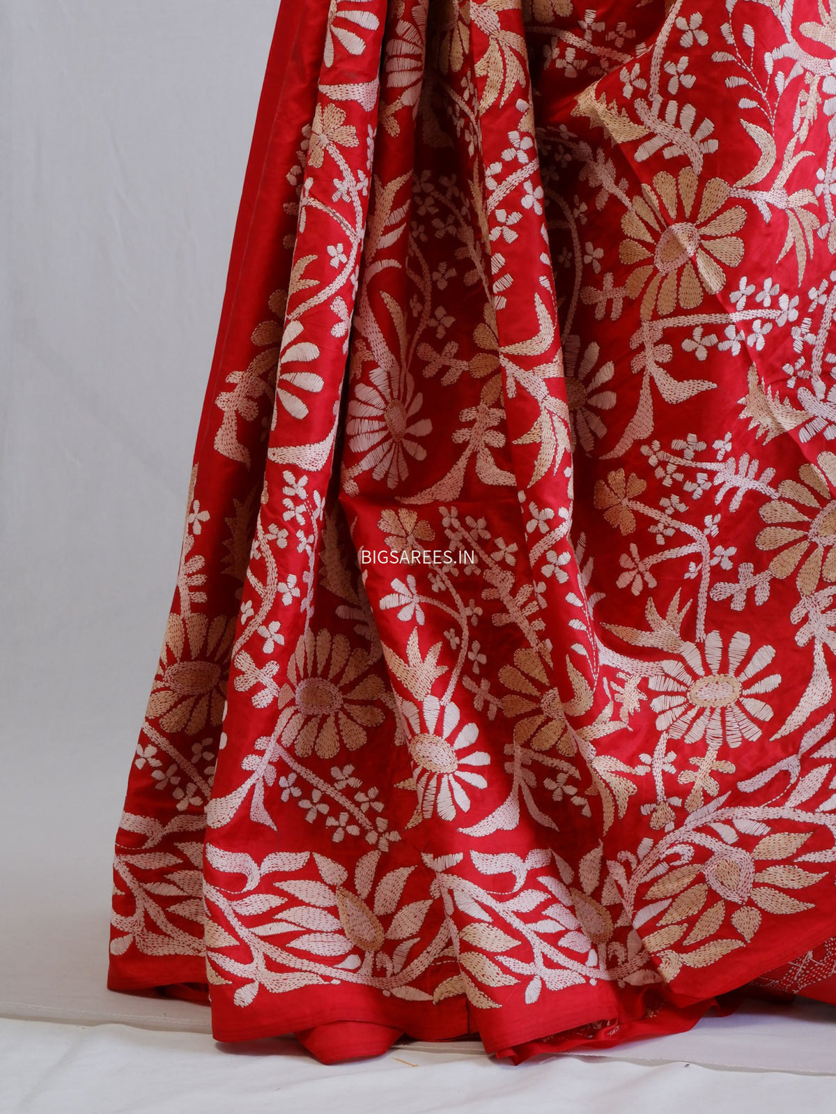Kantha - Stitch Hand Embroidered Saree | Pure Bangalore Silk | Silk Mark Certified | Red