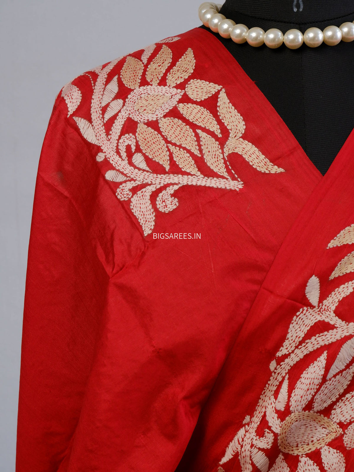 Kantha - Stitch Hand Embroidered Saree | Pure Bangalore Silk | Silk Mark Certified | Red