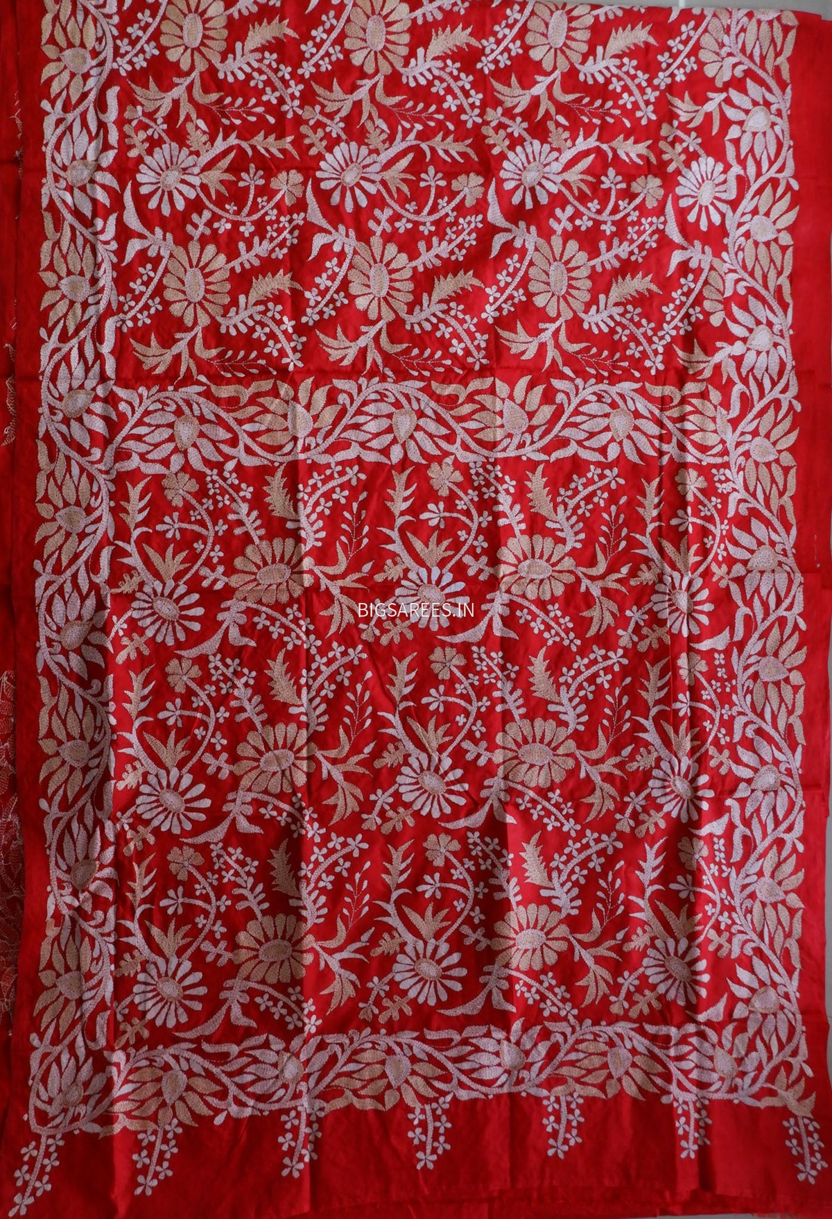 Kantha - Stitch Hand Embroidered Saree | Pure Bangalore Silk | Silk Mark Certified | Red