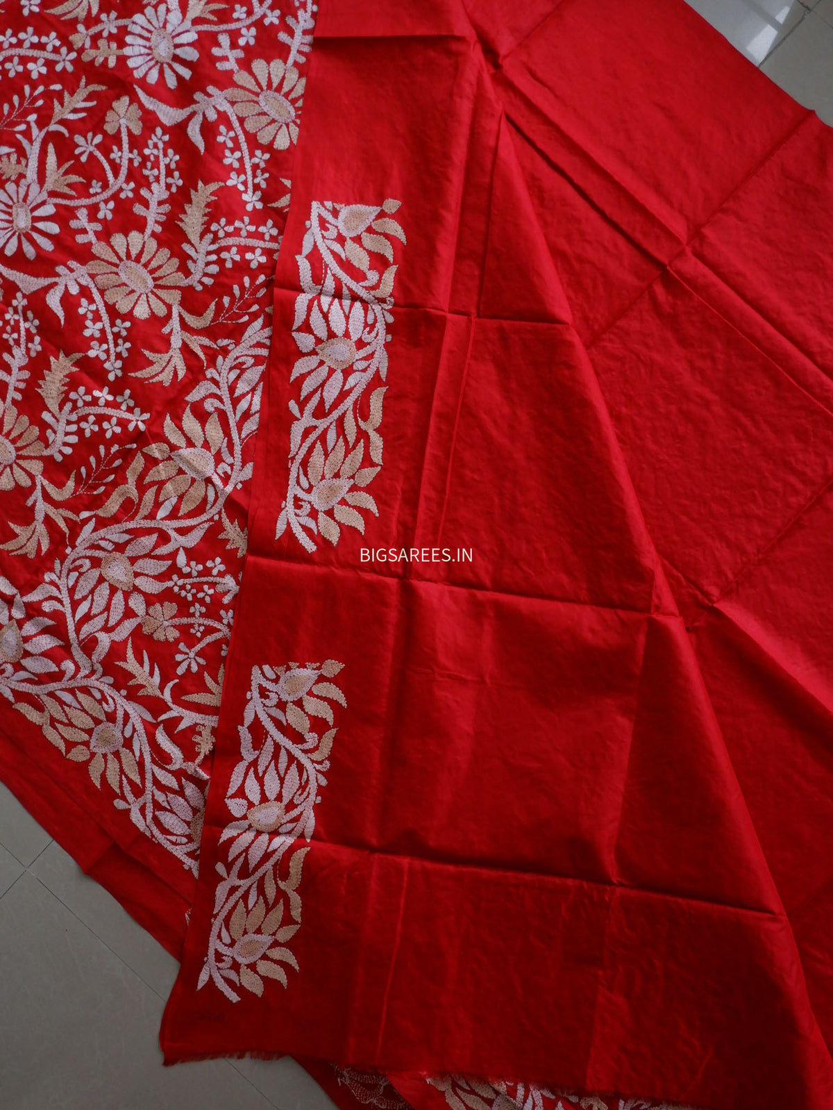 Kantha - Stitch Hand Embroidered Saree | Pure Bangalore Silk | Silk Mark Certified | Red