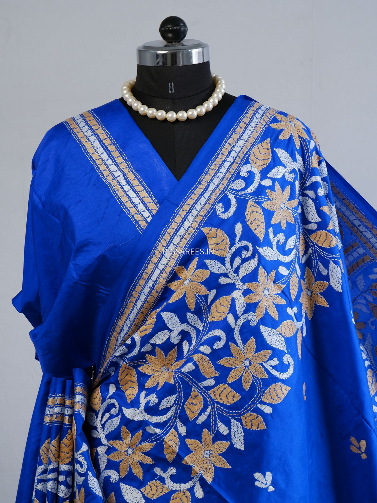 Kantha - Stitch Hand Embroidered Saree | Pure Bangalore Silk | Silk Mark Certified | Royal Blue