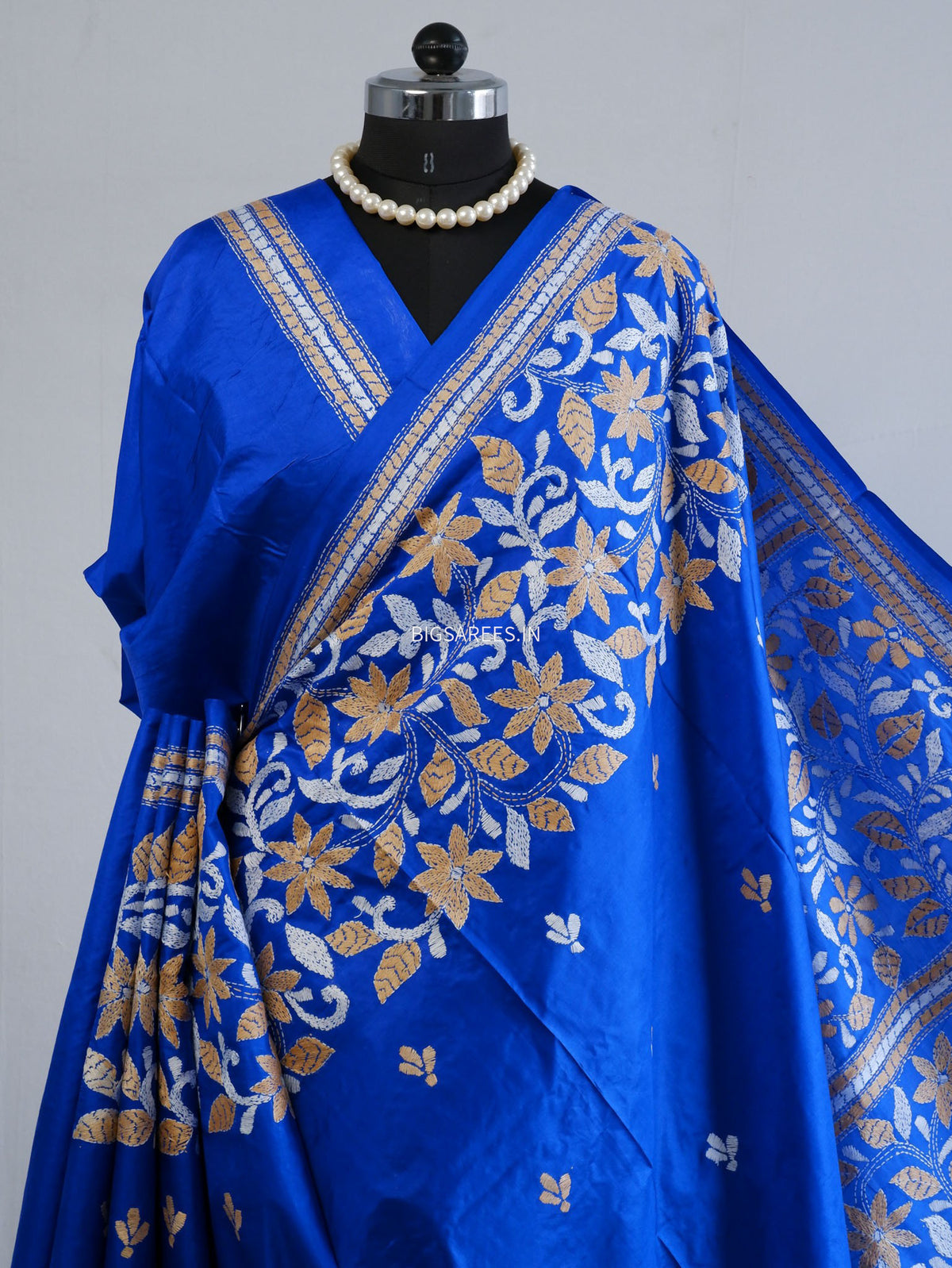 Kantha - Stitch Hand Embroidered Saree | Pure Bangalore Silk | Silk Mark Certified | Royal Blue