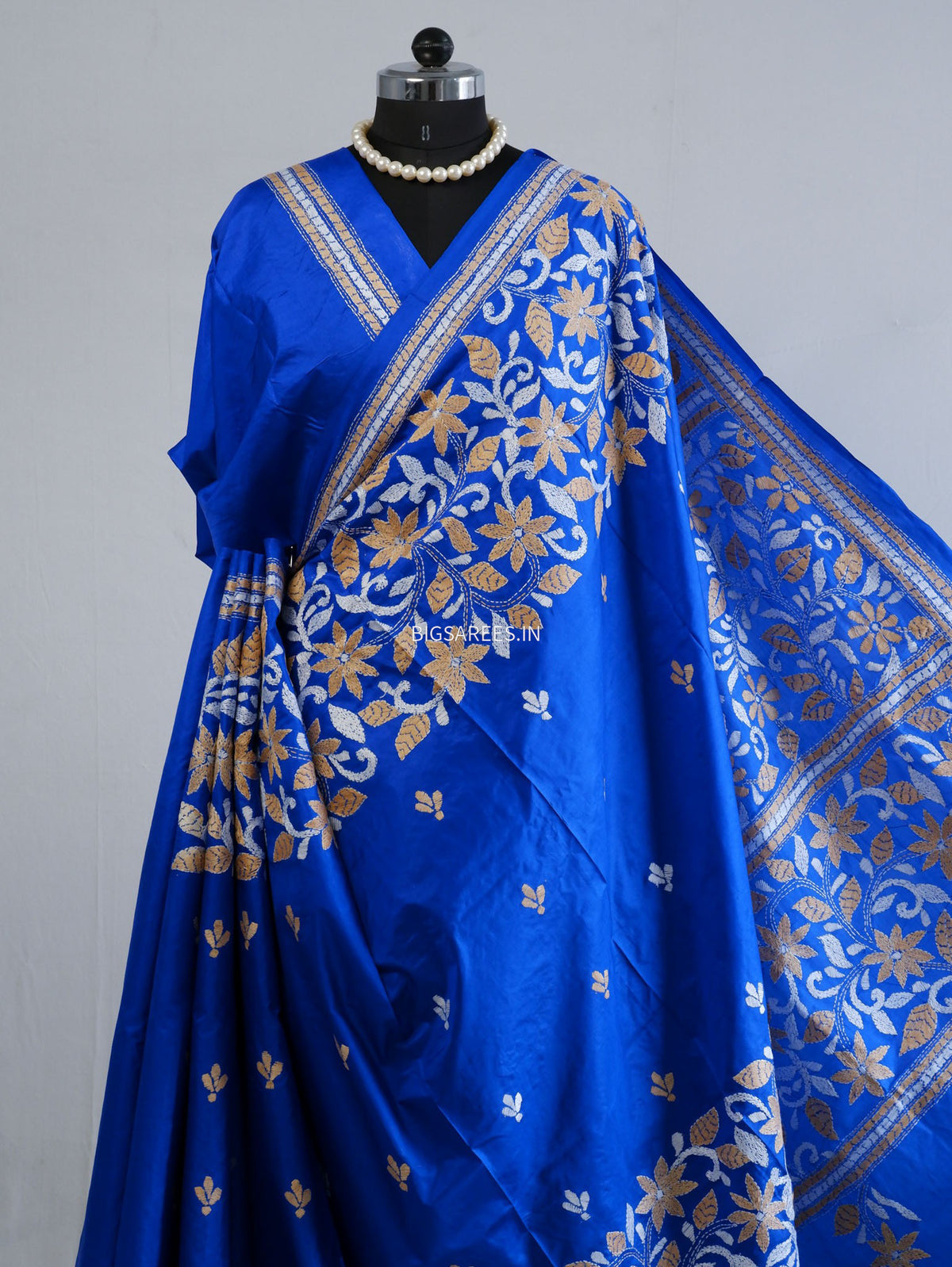 Kantha - Stitch Hand Embroidered Saree | Pure Bangalore Silk | Silk Mark Certified | Royal Blue