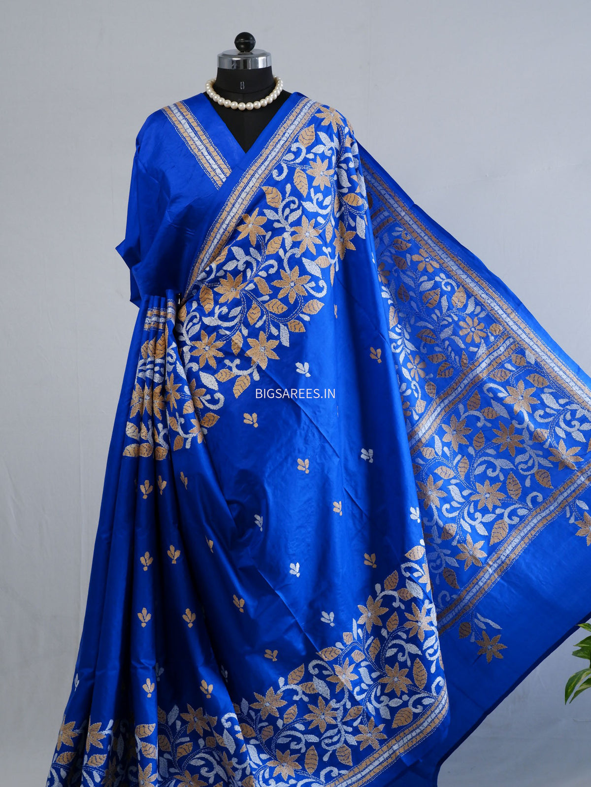 Kantha - Stitch Hand Embroidered Saree | Pure Bangalore Silk | Silk Mark Certified | Royal Blue