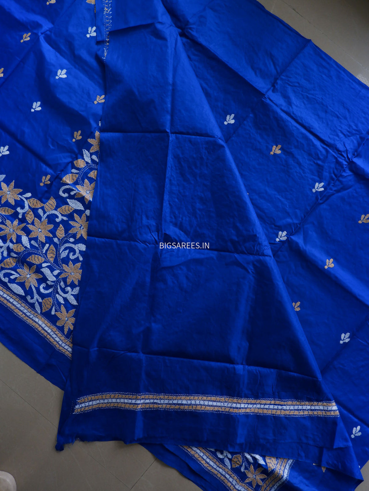 Kantha - Stitch Hand Embroidered Saree | Pure Bangalore Silk | Silk Mark Certified | Royal Blue