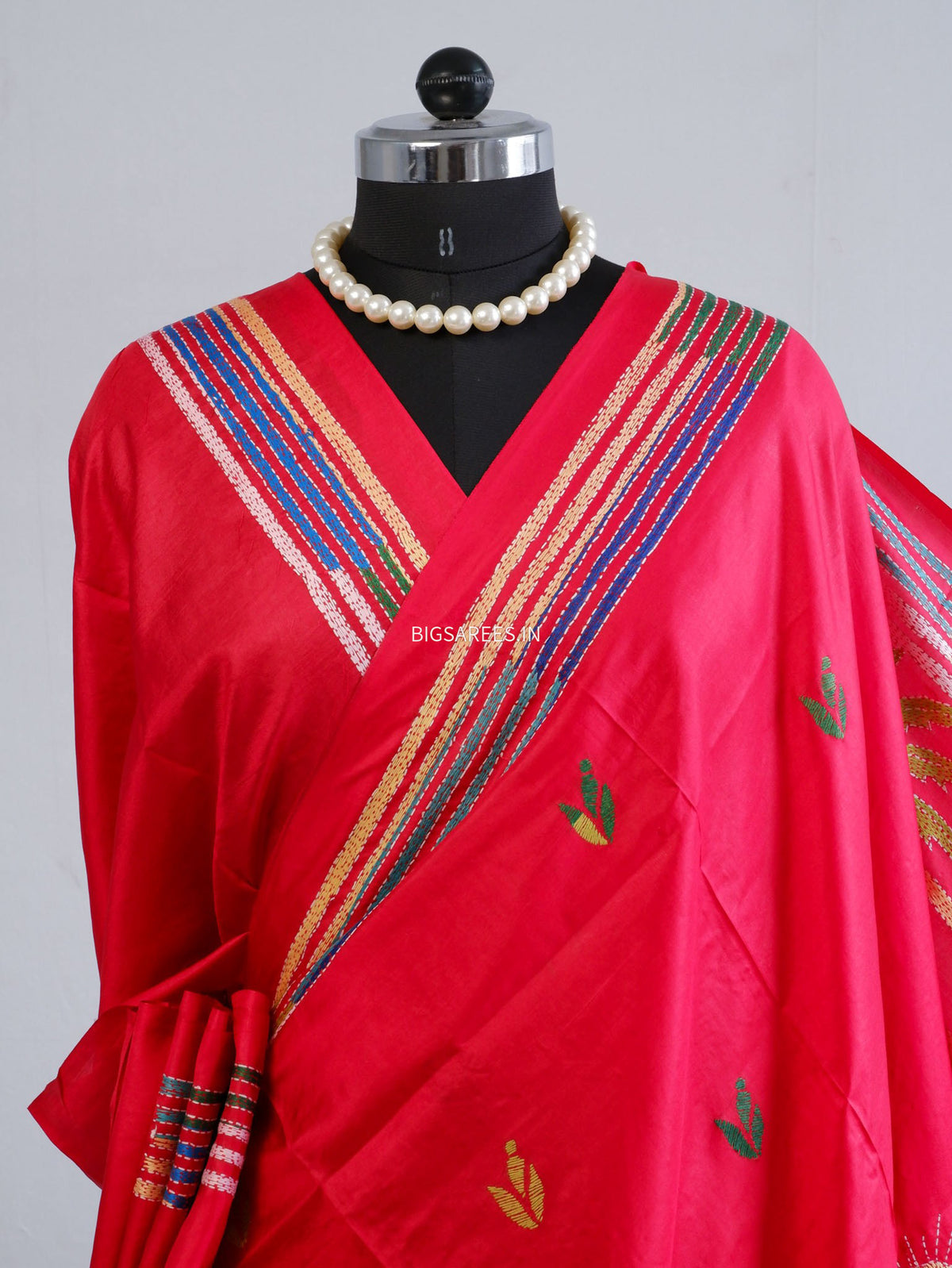 Kantha - Stitch Hand Embroidered Saree | Pure Bangalore Silk | Silk Mark Certified | Red