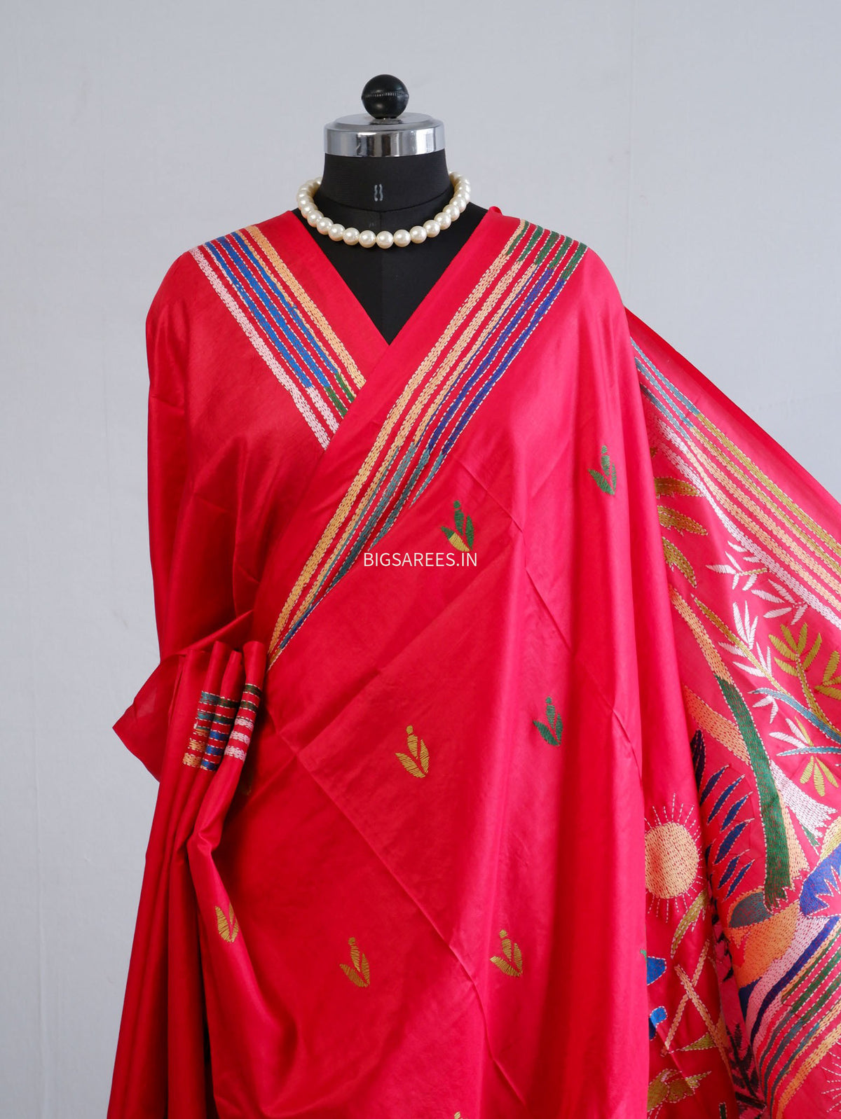 Kantha - Stitch Hand Embroidered Saree | Pure Bangalore Silk | Silk Mark Certified | Red