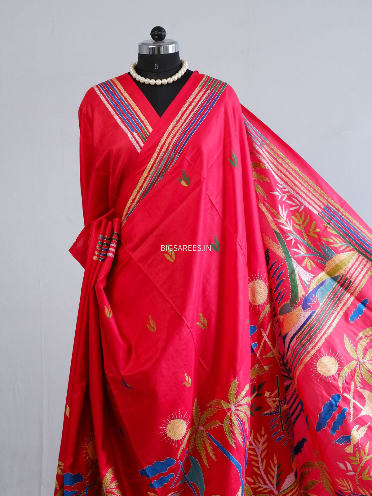 Kantha - Stitch Hand Embroidered Saree | Pure Bangalore Silk | Silk Mark Certified | Red