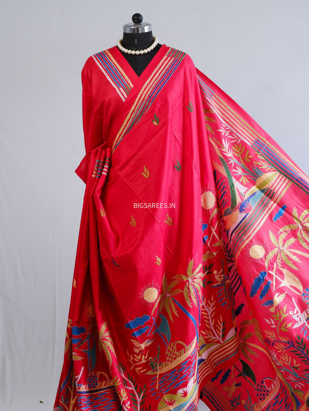 Kantha - Stitch Hand Embroidered Saree | Pure Bangalore Silk | Silk Mark Certified | Red