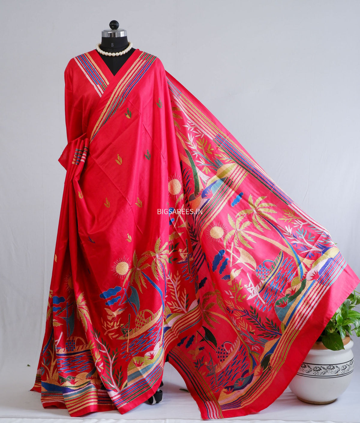 Kantha - Stitch Hand Embroidered Saree | Pure Bangalore Silk | Silk Mark Certified | Red