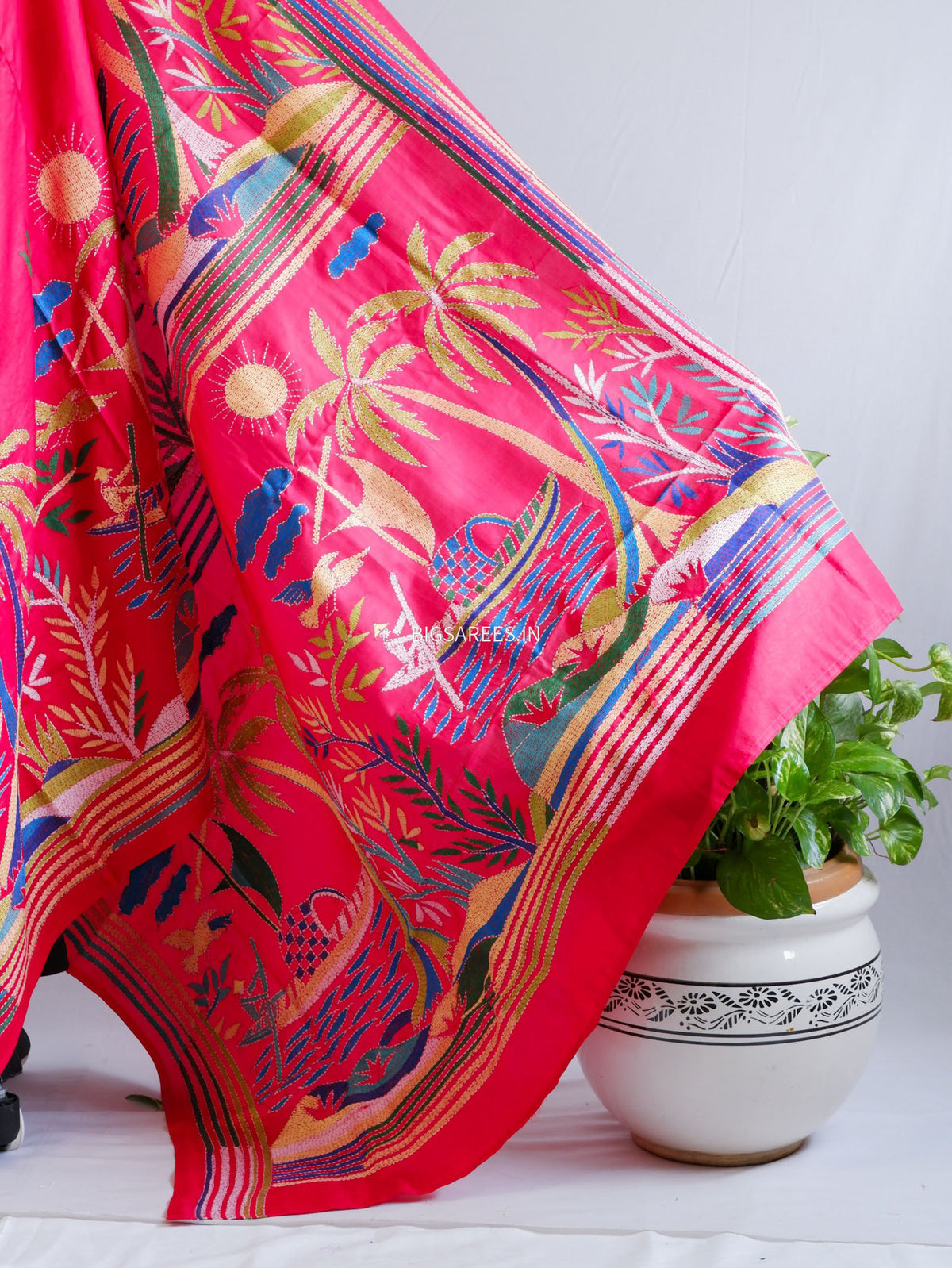 Kantha - Stitch Hand Embroidered Saree | Pure Bangalore Silk | Silk Mark Certified | Red