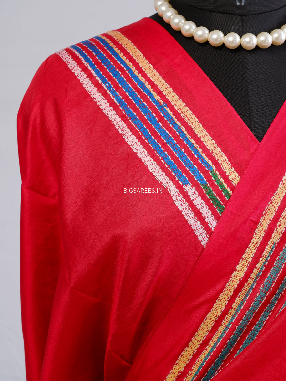 Kantha - Stitch Hand Embroidered Saree | Pure Bangalore Silk | Silk Mark Certified | Red