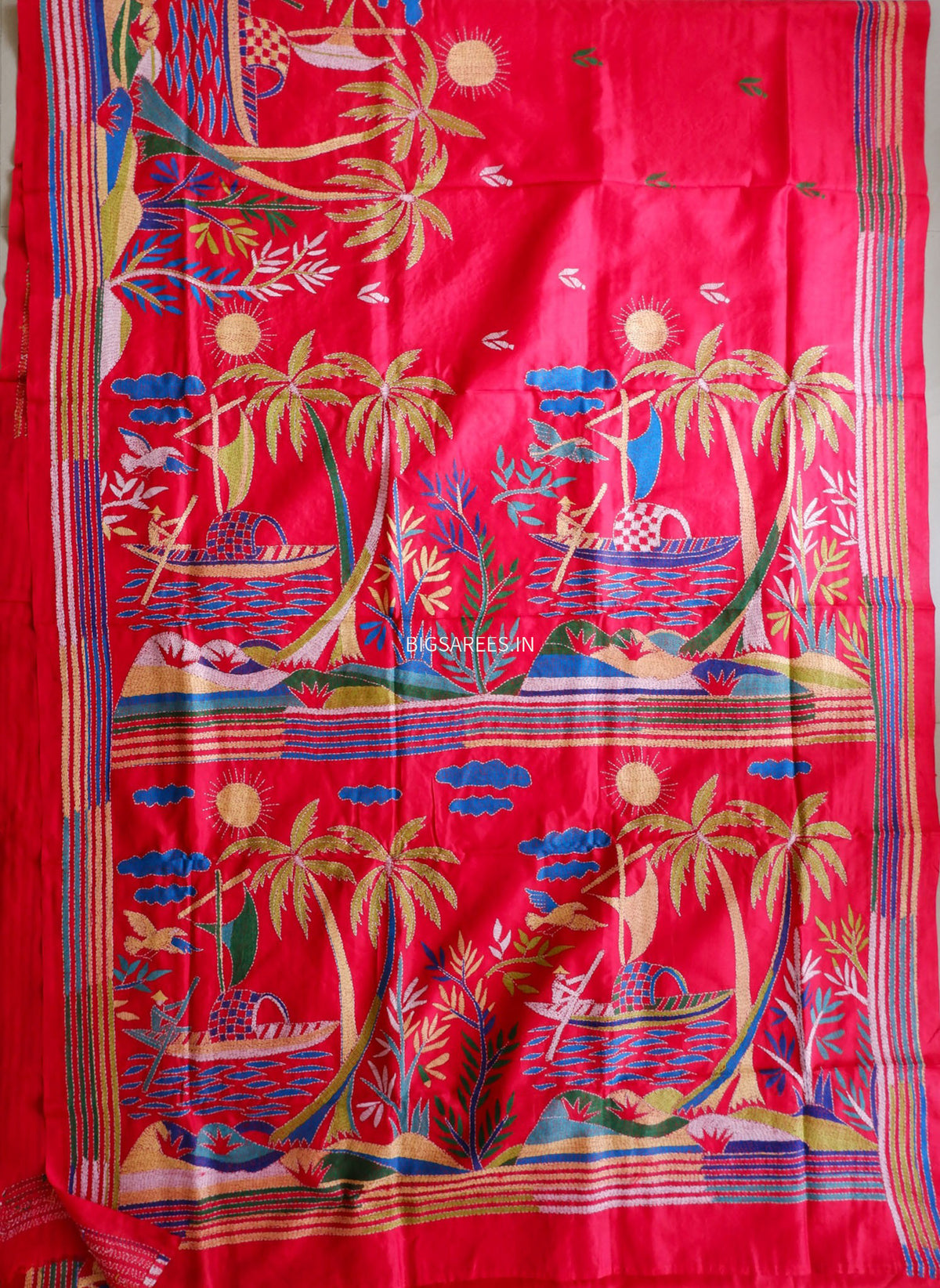Kantha - Stitch Hand Embroidered Saree | Pure Bangalore Silk | Silk Mark Certified | Red