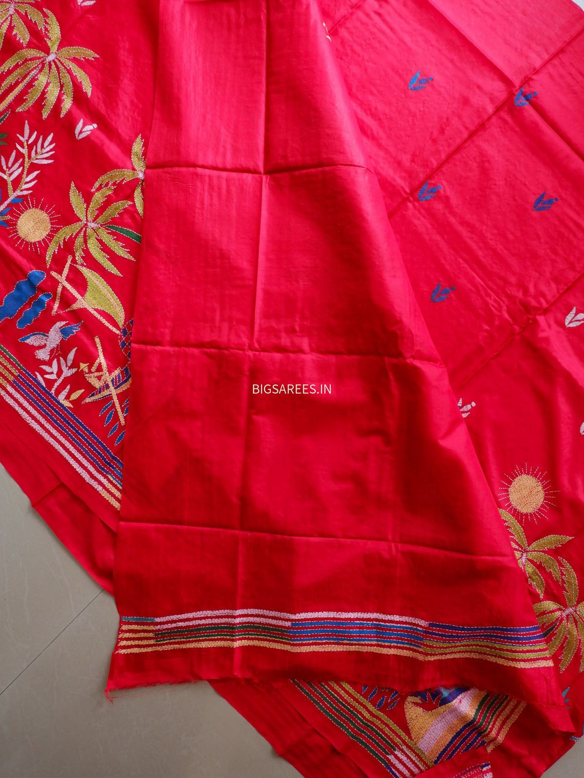 Kantha - Stitch Hand Embroidered Saree | Pure Bangalore Silk | Silk Mark Certified | Red
