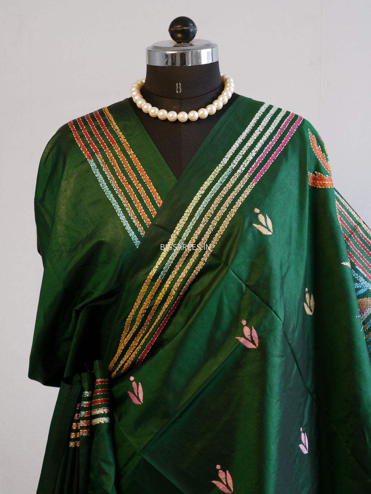 Kantha - Stitch Hand Embroidered Saree | Pure Bangalore Silk | Silk Mark Certified | Green