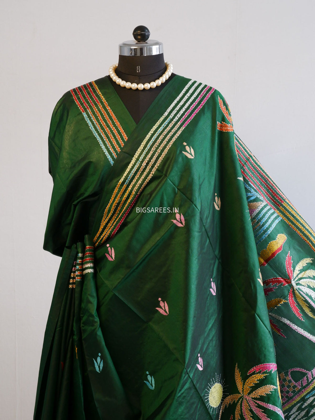 Kantha - Stitch Hand Embroidered Saree | Pure Bangalore Silk | Silk Mark Certified | Green