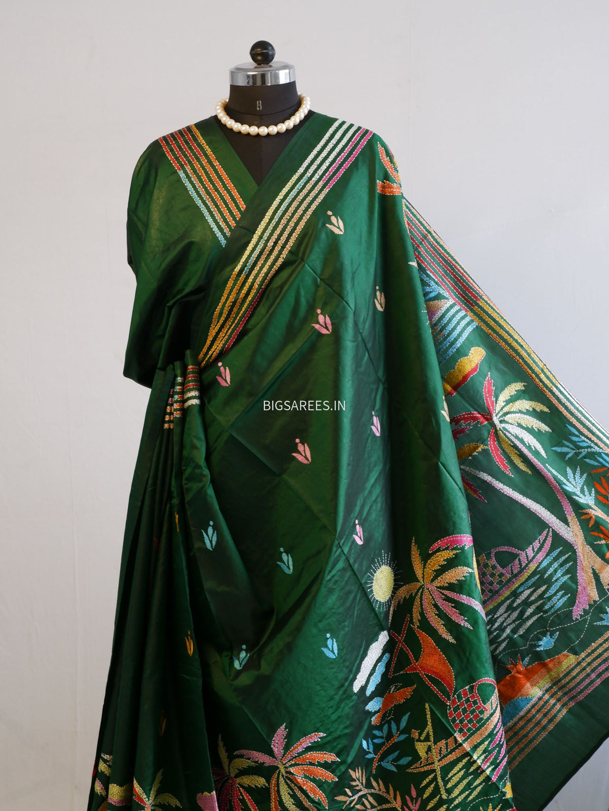 Kantha - Stitch Hand Embroidered Saree | Pure Bangalore Silk | Silk Mark Certified | Green