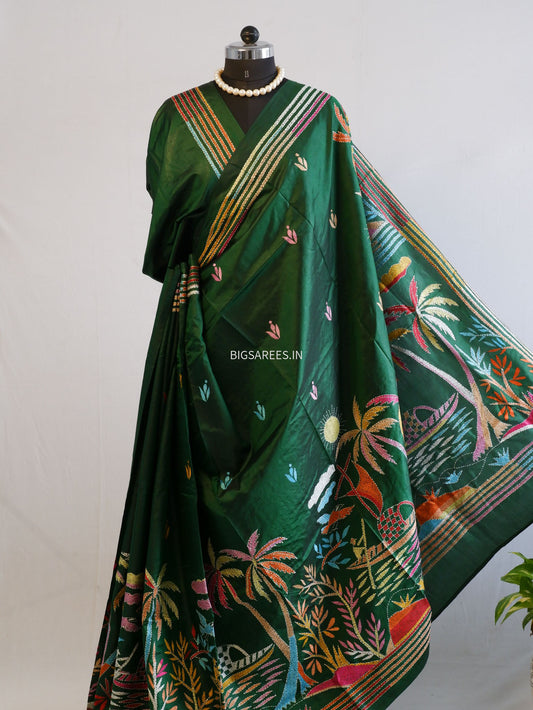 Kantha - Stitch Hand Embroidered Saree | Pure Bangalore Silk | Silk Mark Certified | Green