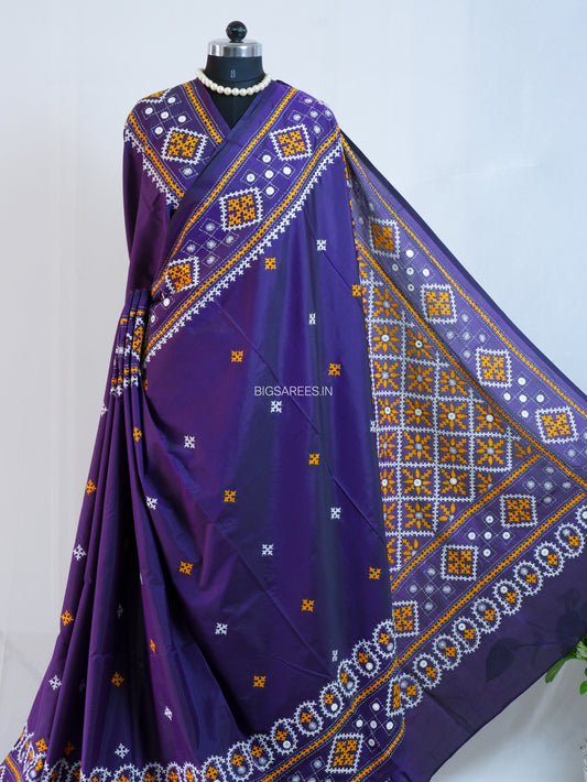 Kutchi/Gujarati Stitch Hand Embroidered Saree | Art Silk | Foil Mirror | Purple