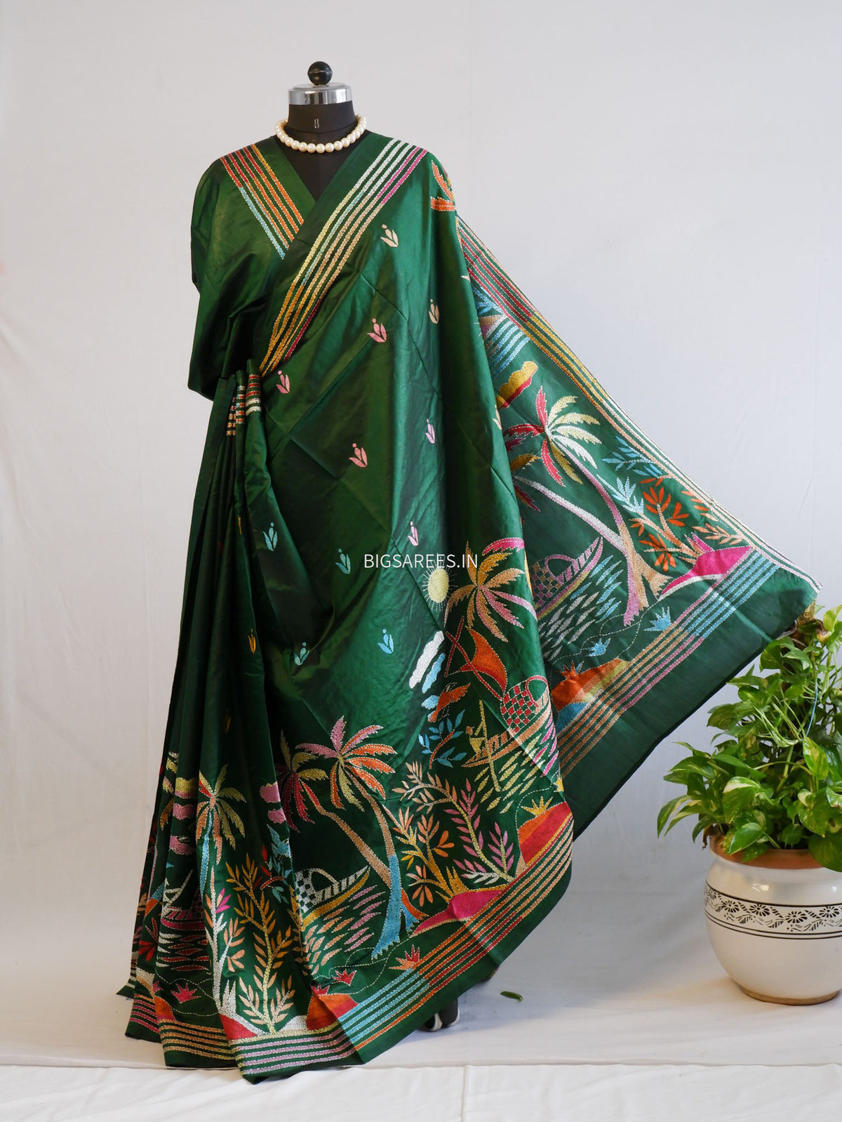 Kantha - Stitch Hand Embroidered Saree | Pure Bangalore Silk | Silk Mark Certified | Green