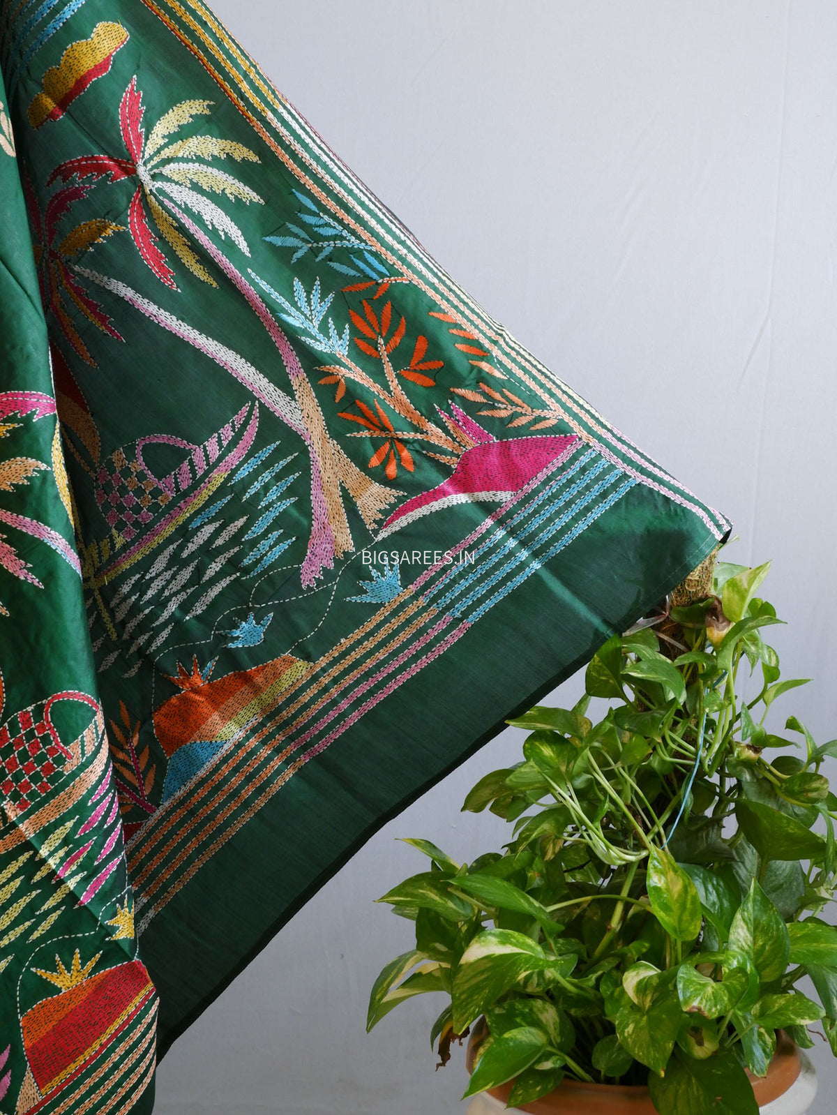 Kantha - Stitch Hand Embroidered Saree | Pure Bangalore Silk | Silk Mark Certified | Green