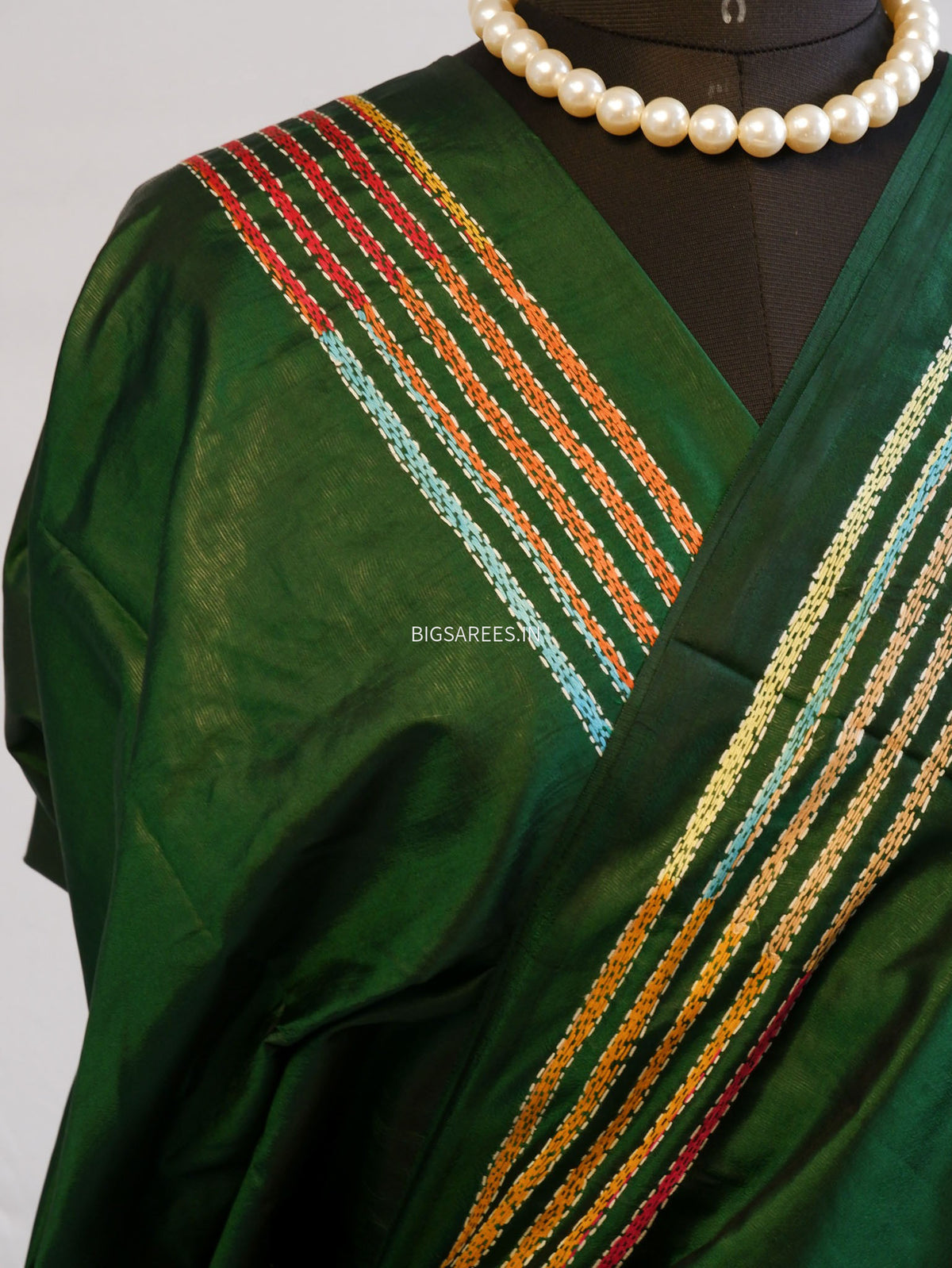Kantha - Stitch Hand Embroidered Saree | Pure Bangalore Silk | Silk Mark Certified | Green
