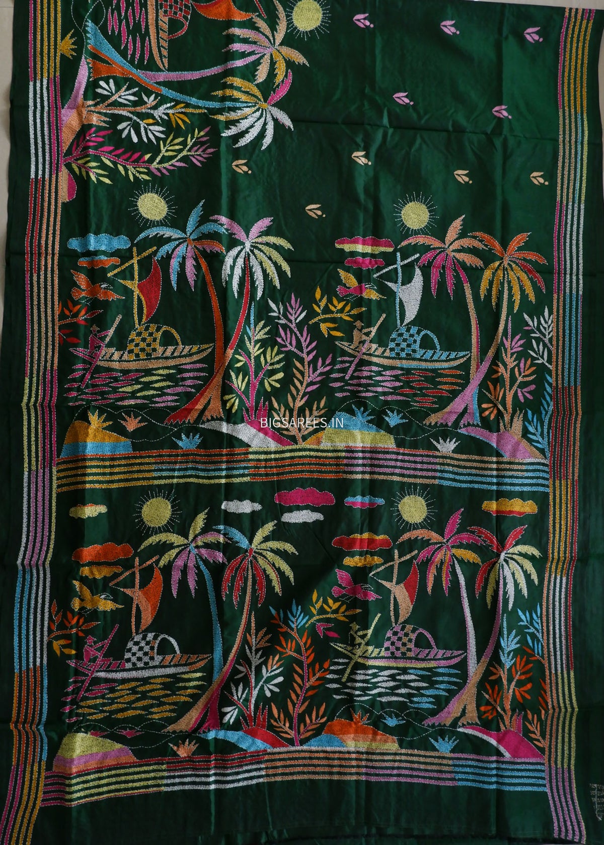 Kantha - Stitch Hand Embroidered Saree | Pure Bangalore Silk | Silk Mark Certified | Green