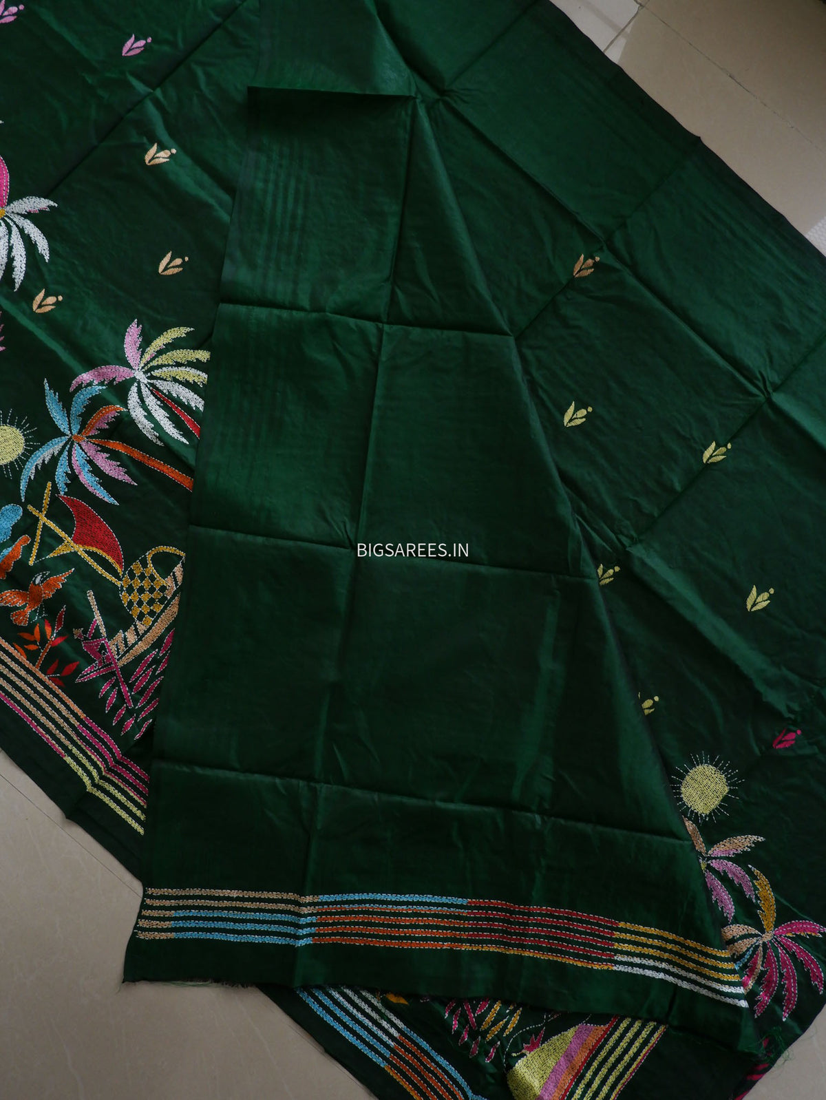 Kantha - Stitch Hand Embroidered Saree | Pure Bangalore Silk | Silk Mark Certified | Green