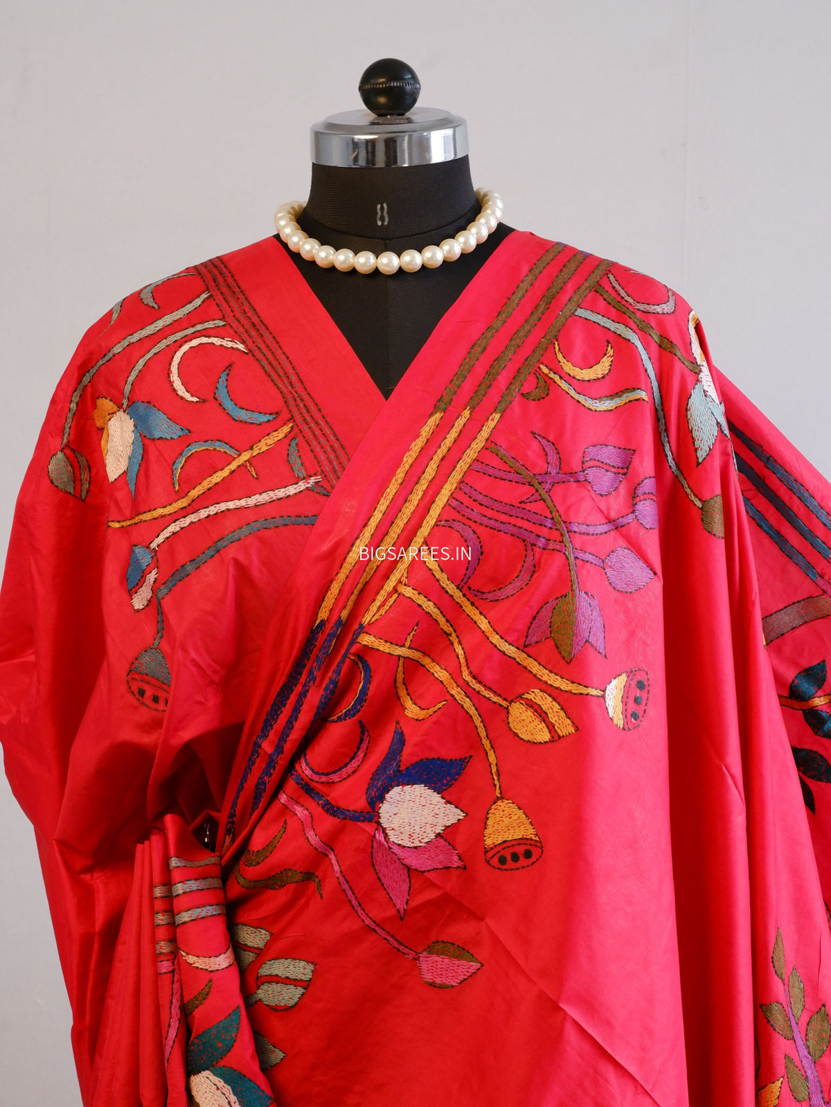 Kantha - Stitch Hand Embroidered Saree | Pure Bangalore Silk | Silk Mark Certified | Red