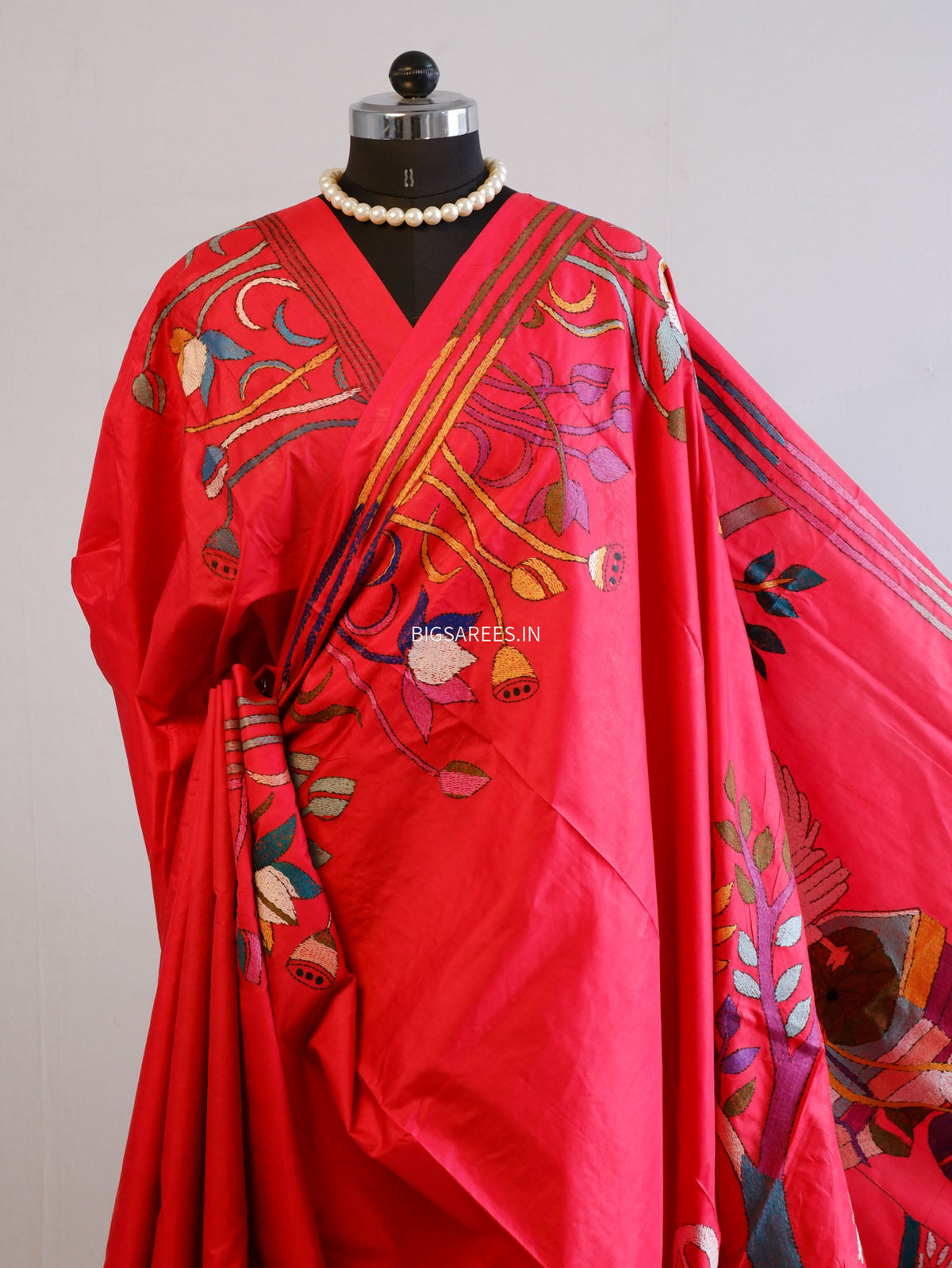 Kantha - Stitch Hand Embroidered Saree | Pure Bangalore Silk | Silk Mark Certified | Red