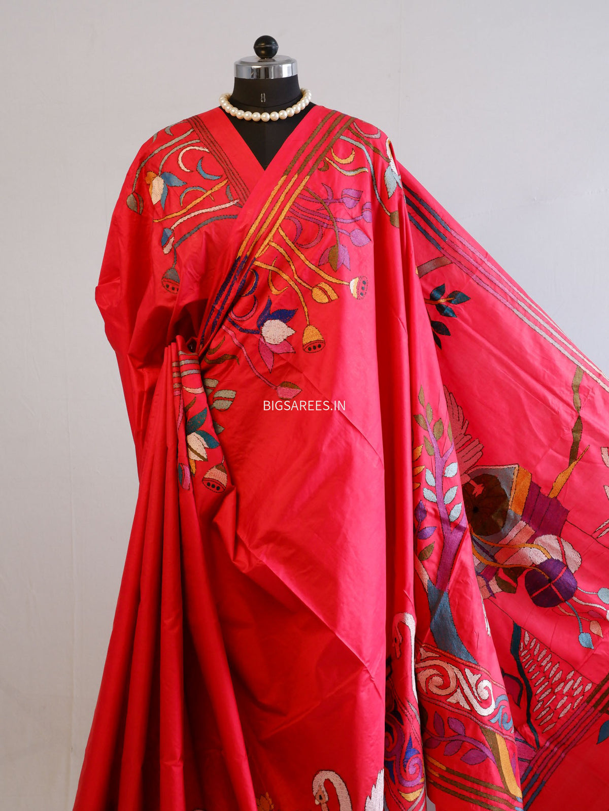 Kantha - Stitch Hand Embroidered Saree | Pure Bangalore Silk | Silk Mark Certified | Red