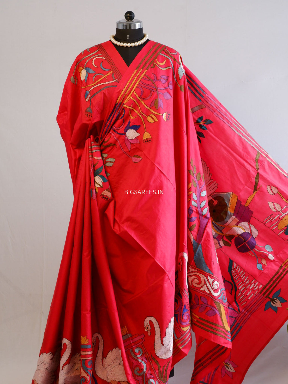 Kantha - Stitch Hand Embroidered Saree | Pure Bangalore Silk | Silk Mark Certified | Red