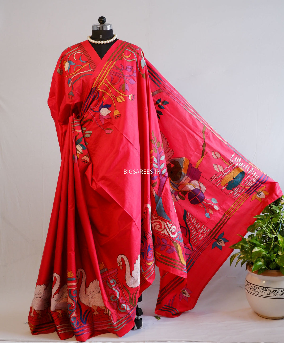 Kantha - Stitch Hand Embroidered Saree | Pure Bangalore Silk | Silk Mark Certified | Red