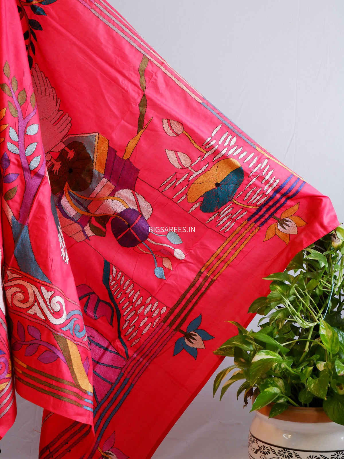 Kantha - Stitch Hand Embroidered Saree | Pure Bangalore Silk | Silk Mark Certified | Red