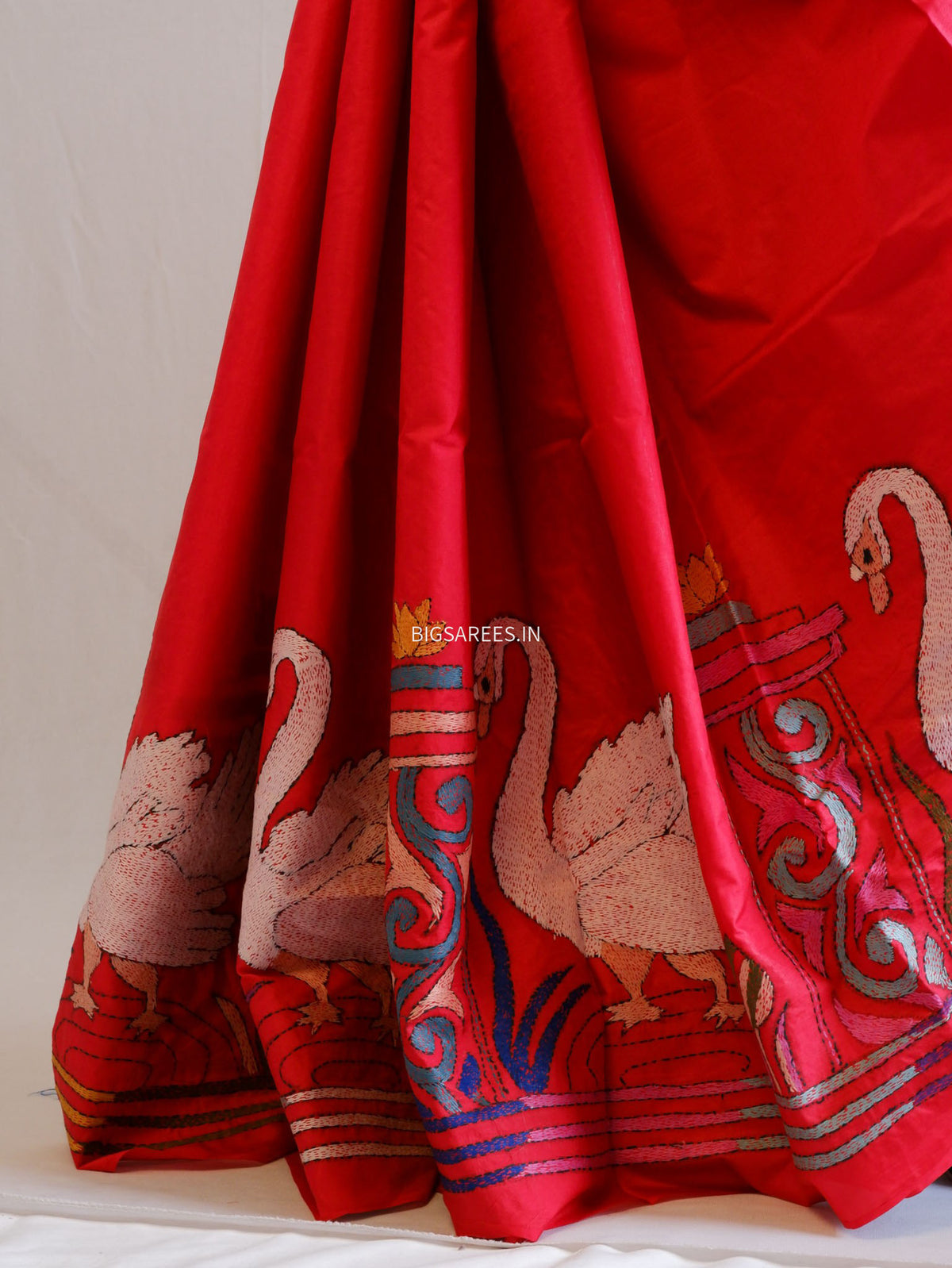 Kantha - Stitch Hand Embroidered Saree | Pure Bangalore Silk | Silk Mark Certified | Red