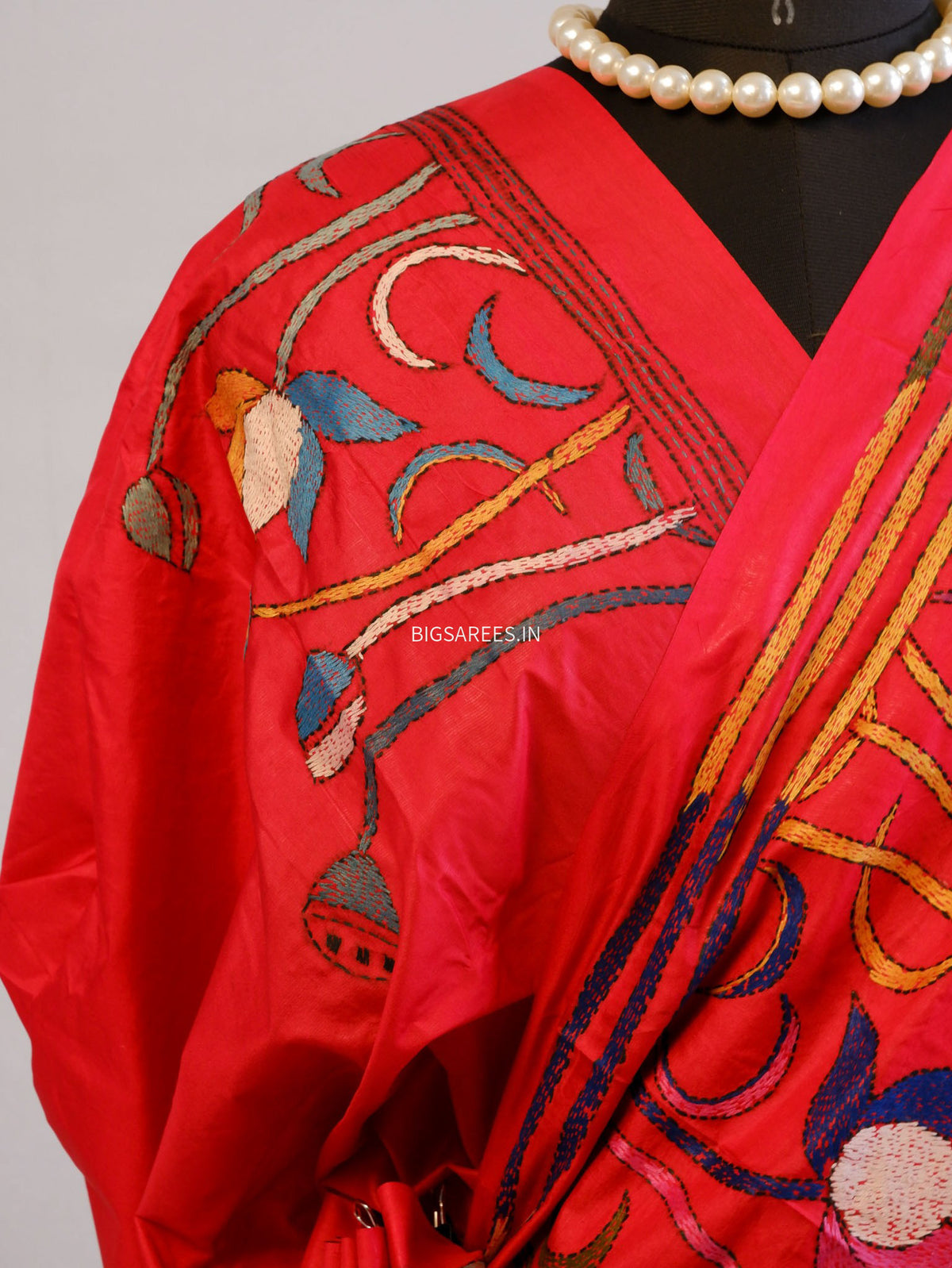 Kantha - Stitch Hand Embroidered Saree | Pure Bangalore Silk | Silk Mark Certified | Red