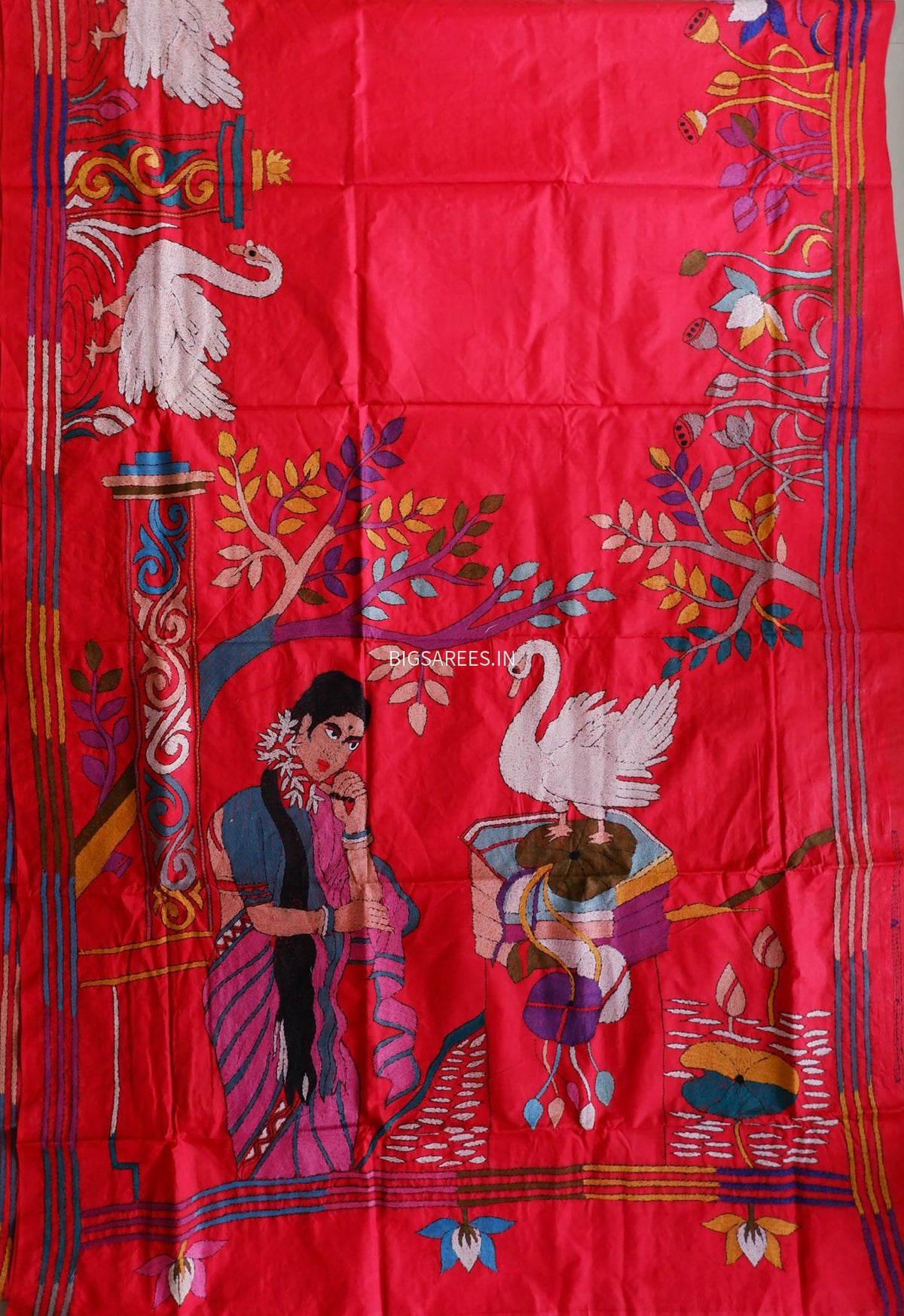 Kantha - Stitch Hand Embroidered Saree | Pure Bangalore Silk | Silk Mark Certified | Red