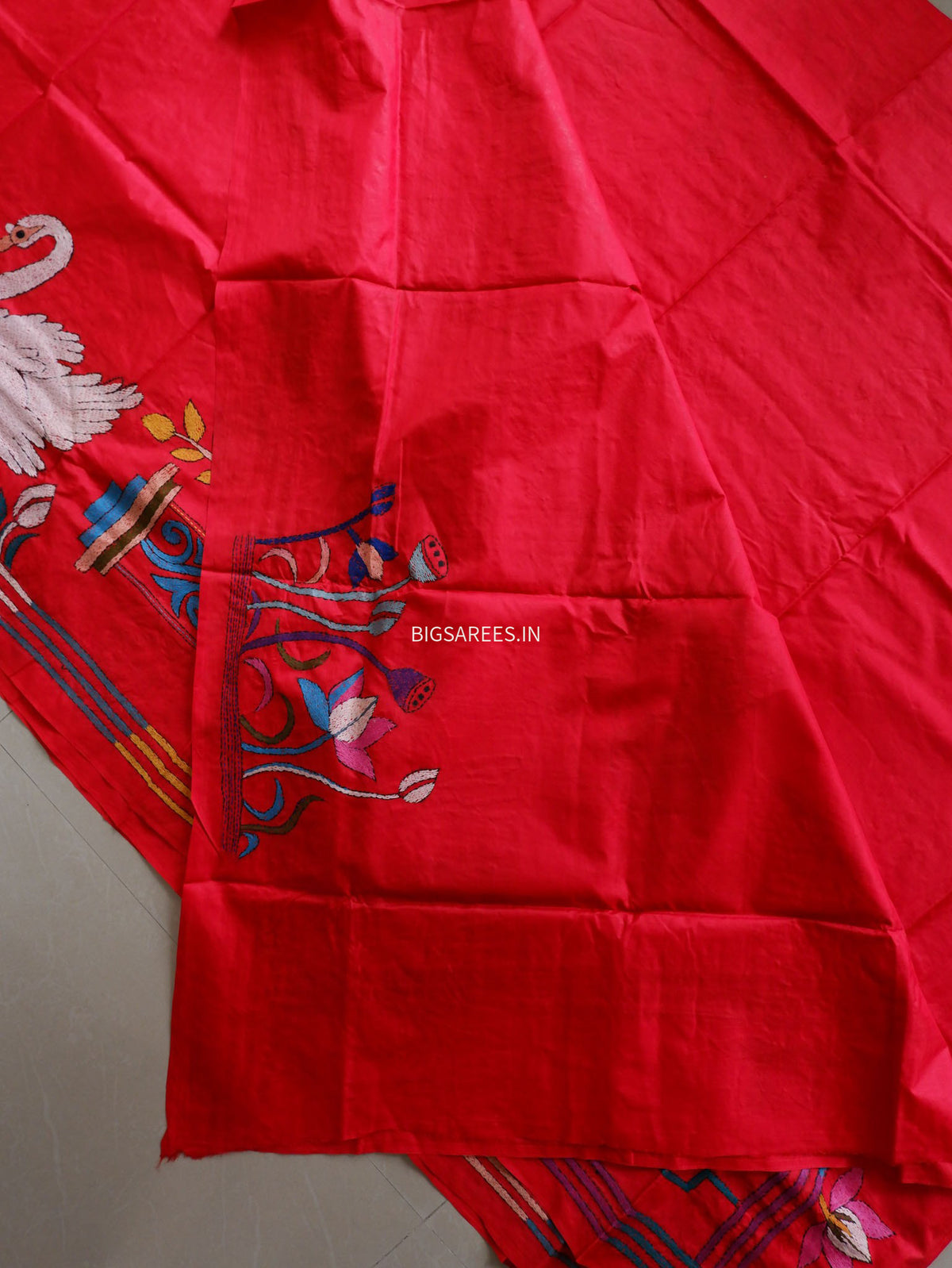 Kantha - Stitch Hand Embroidered Saree | Pure Bangalore Silk | Silk Mark Certified | Red