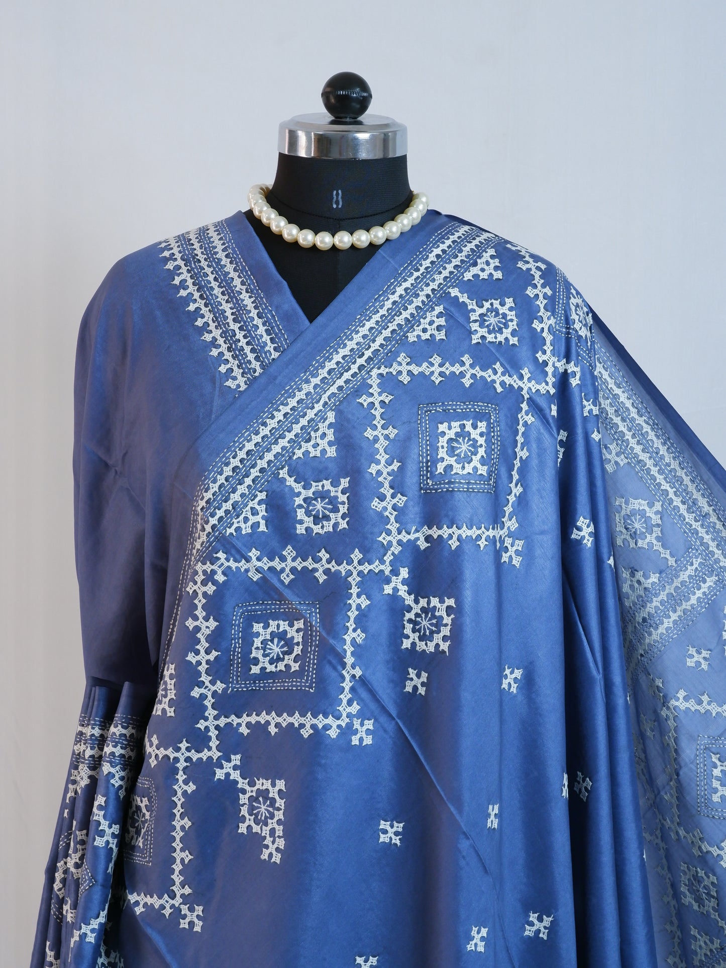 Kutchi/Gujarati Hand Embroidered Saree  | Blended Bangalore Silk / Art Silk | Blue Jay