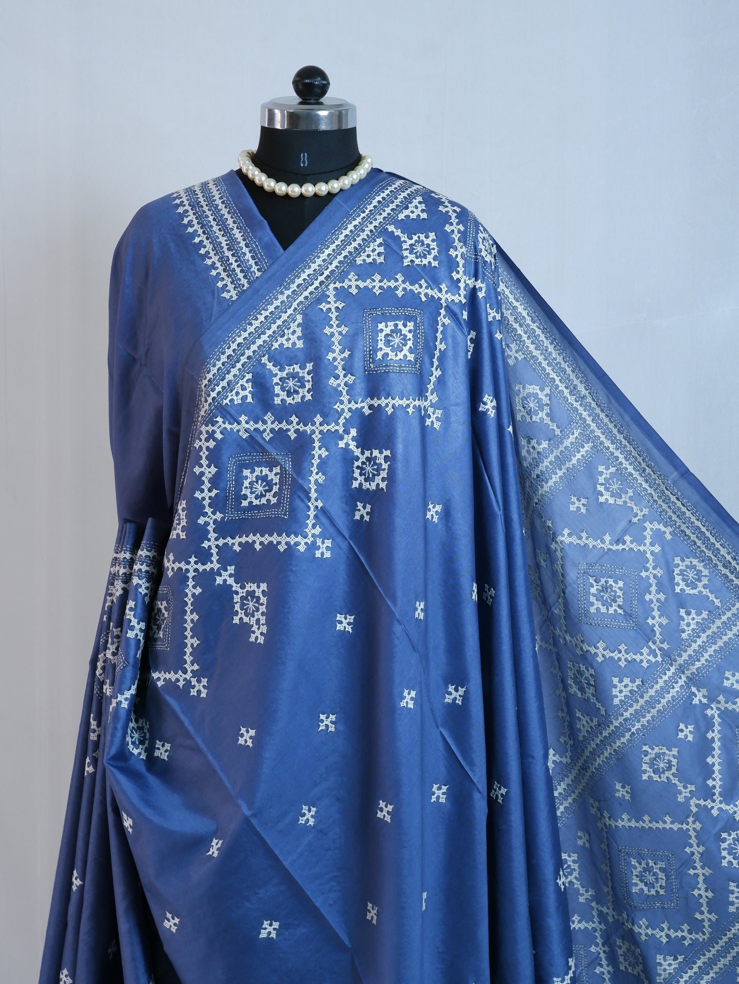 Kutchi/Gujarati Hand Embroidered Saree  | Blended Bangalore Silk / Art Silk | Blue Jay