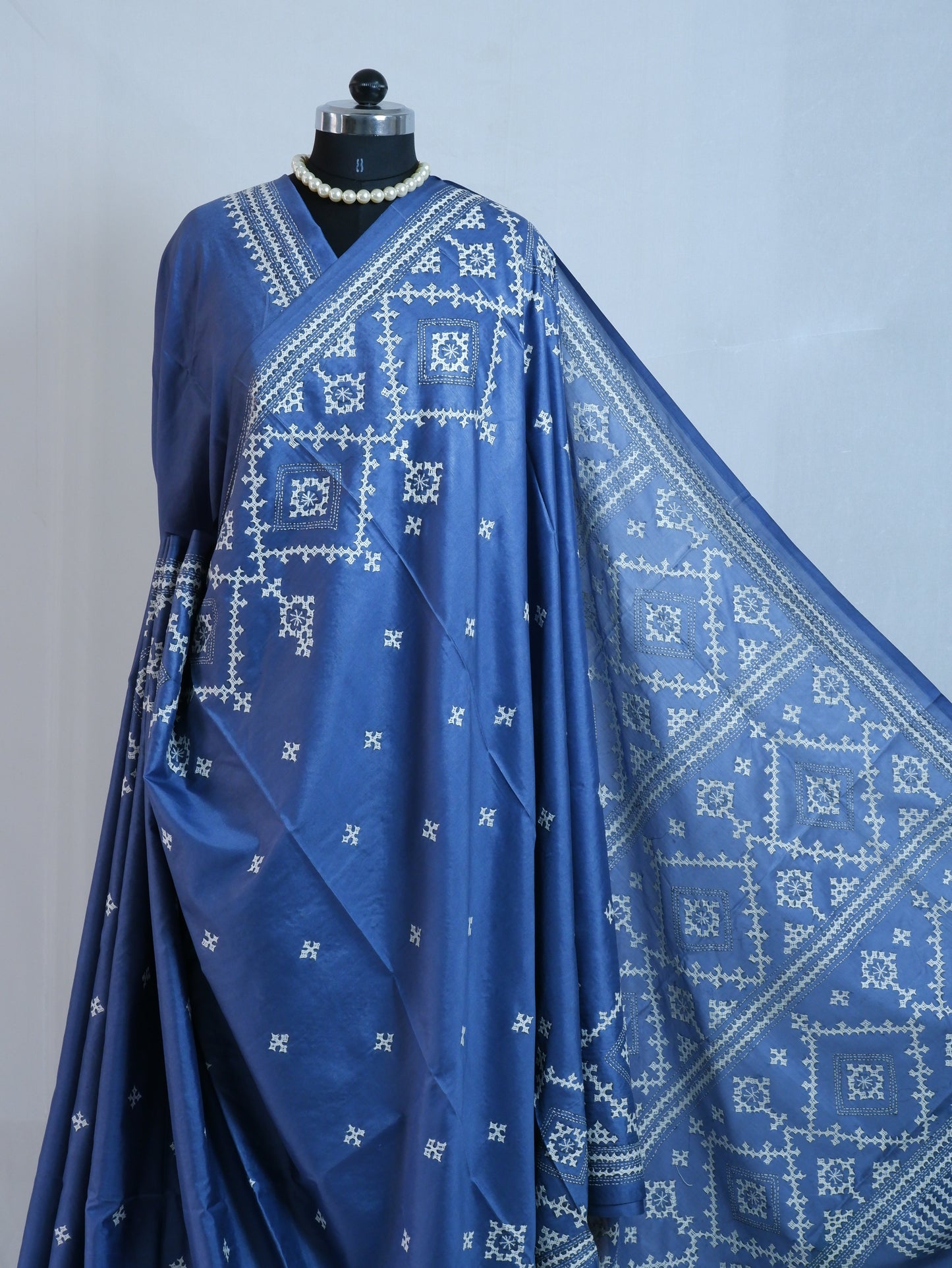 Kutchi/Gujarati Hand Embroidered Saree  | Blended Bangalore Silk / Art Silk | Blue Jay