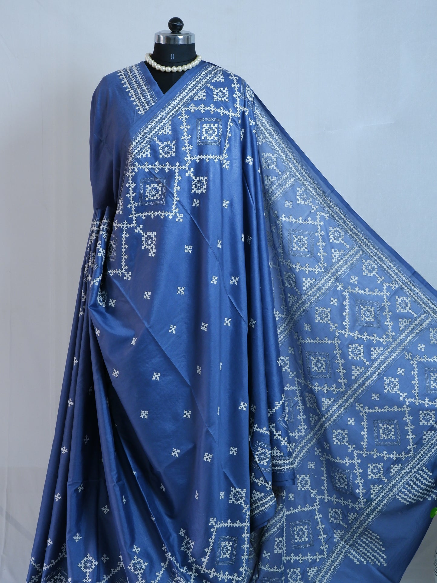 Kutchi/Gujarati Hand Embroidered Saree  | Blended Bangalore Silk / Art Silk | Blue Jay