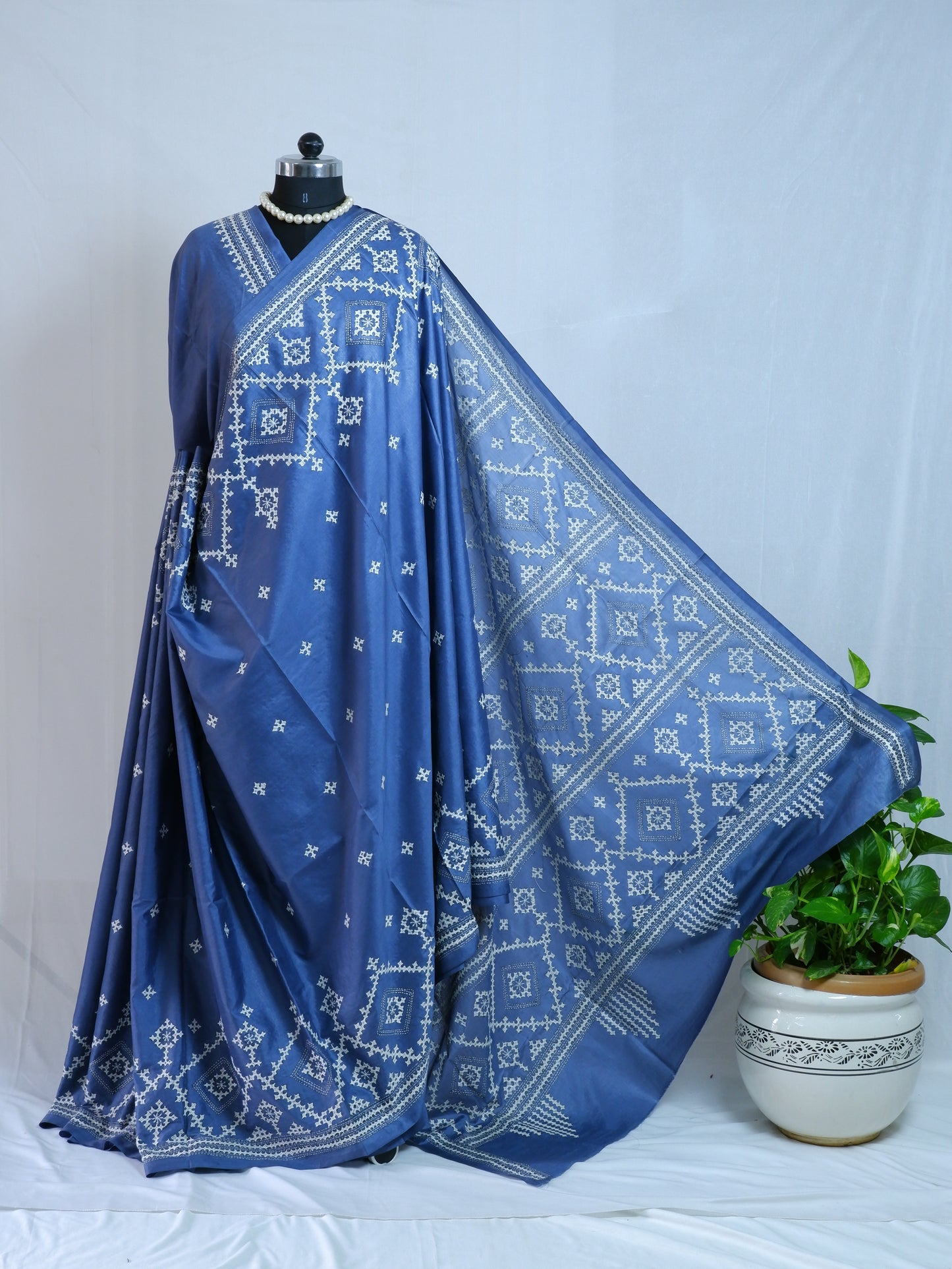 Kutchi/Gujarati Hand Embroidered Saree  | Blended Bangalore Silk / Art Silk | Blue Jay
