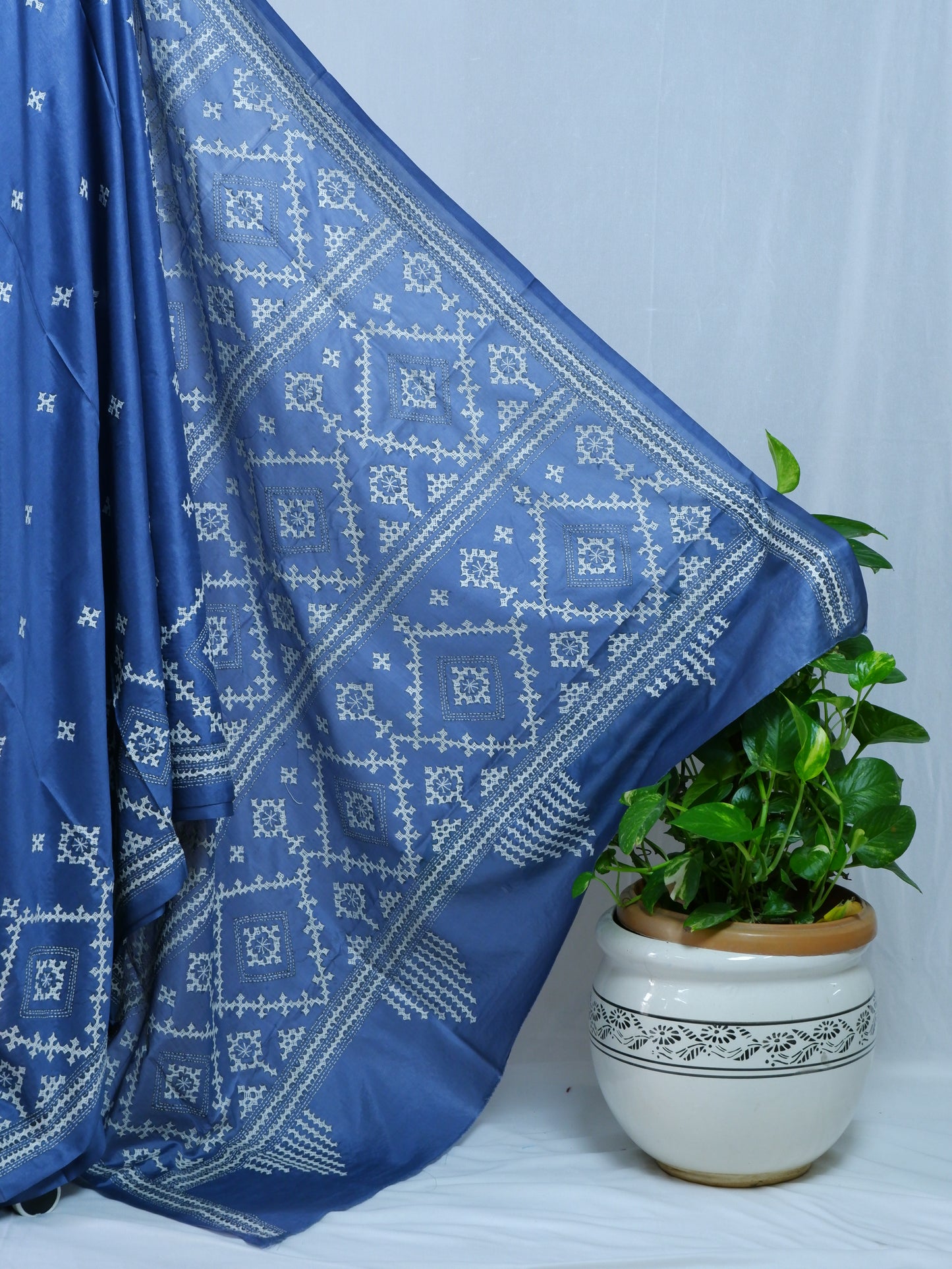 Kutchi/Gujarati Hand Embroidered Saree  | Blended Bangalore Silk / Art Silk | Blue Jay
