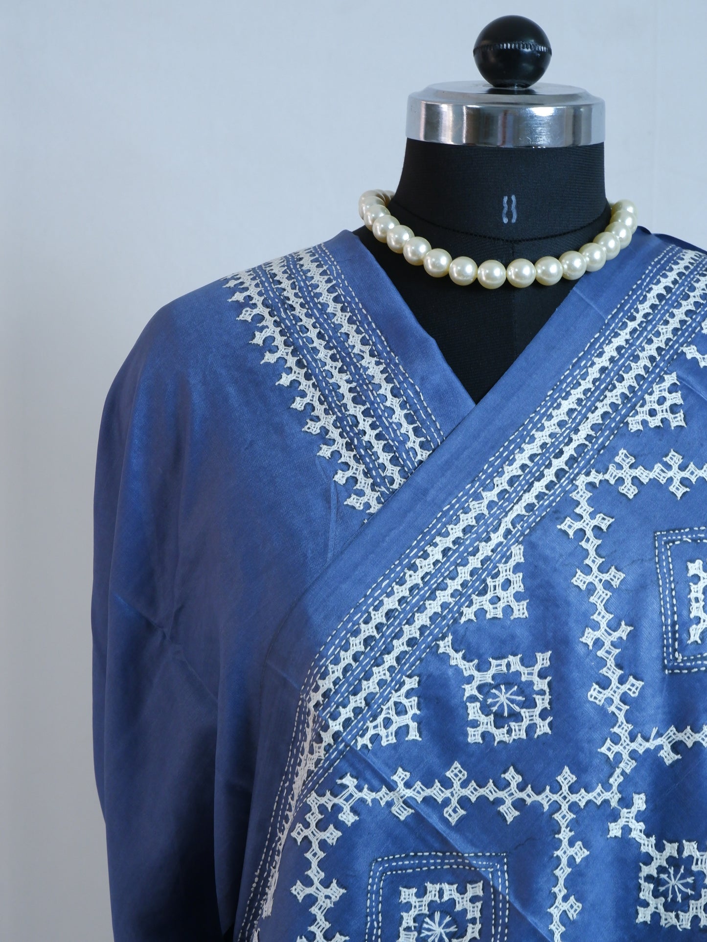 Kutchi/Gujarati Hand Embroidered Saree  | Blended Bangalore Silk / Art Silk | Blue Jay